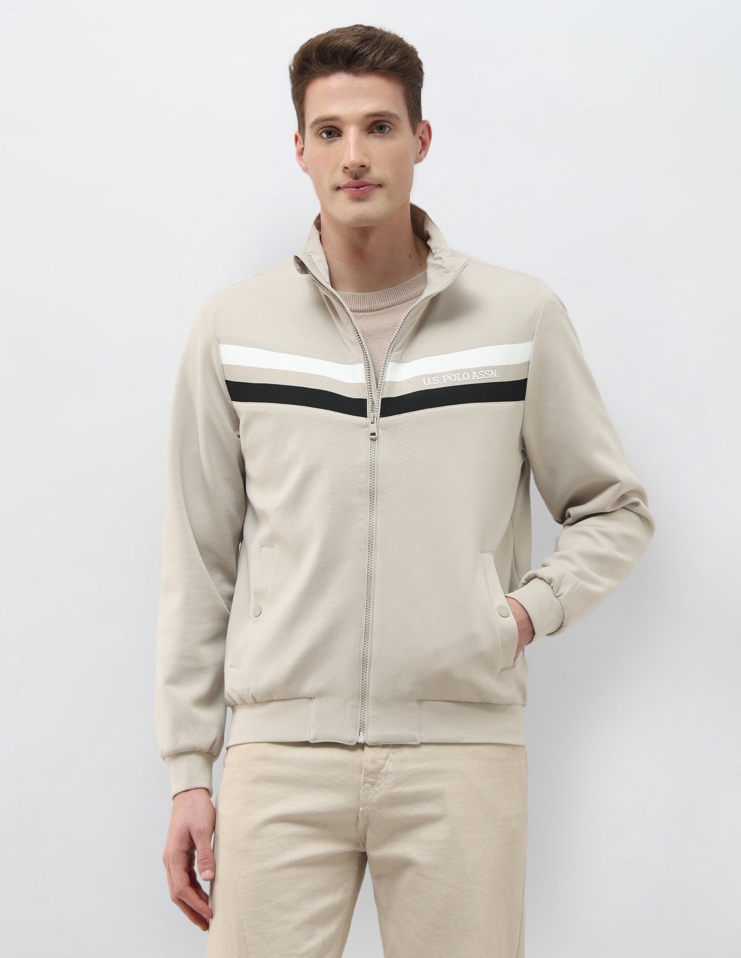 Solid Regular Fit Jacket Khaki - U.S. Polo Assn. India | Large