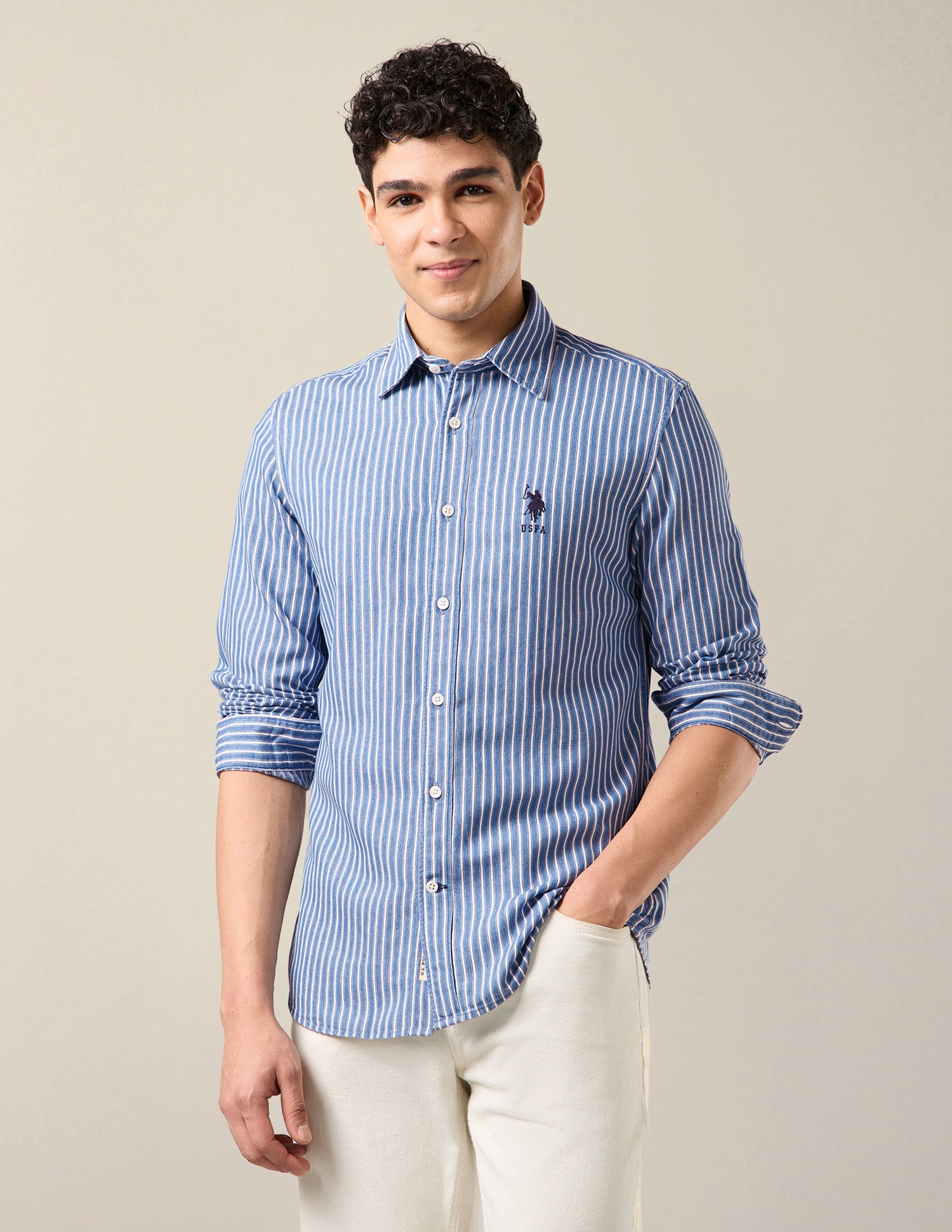 Vertical Striped Twill Shirt Light Indigo - U.S. Polo Assn. India | Large