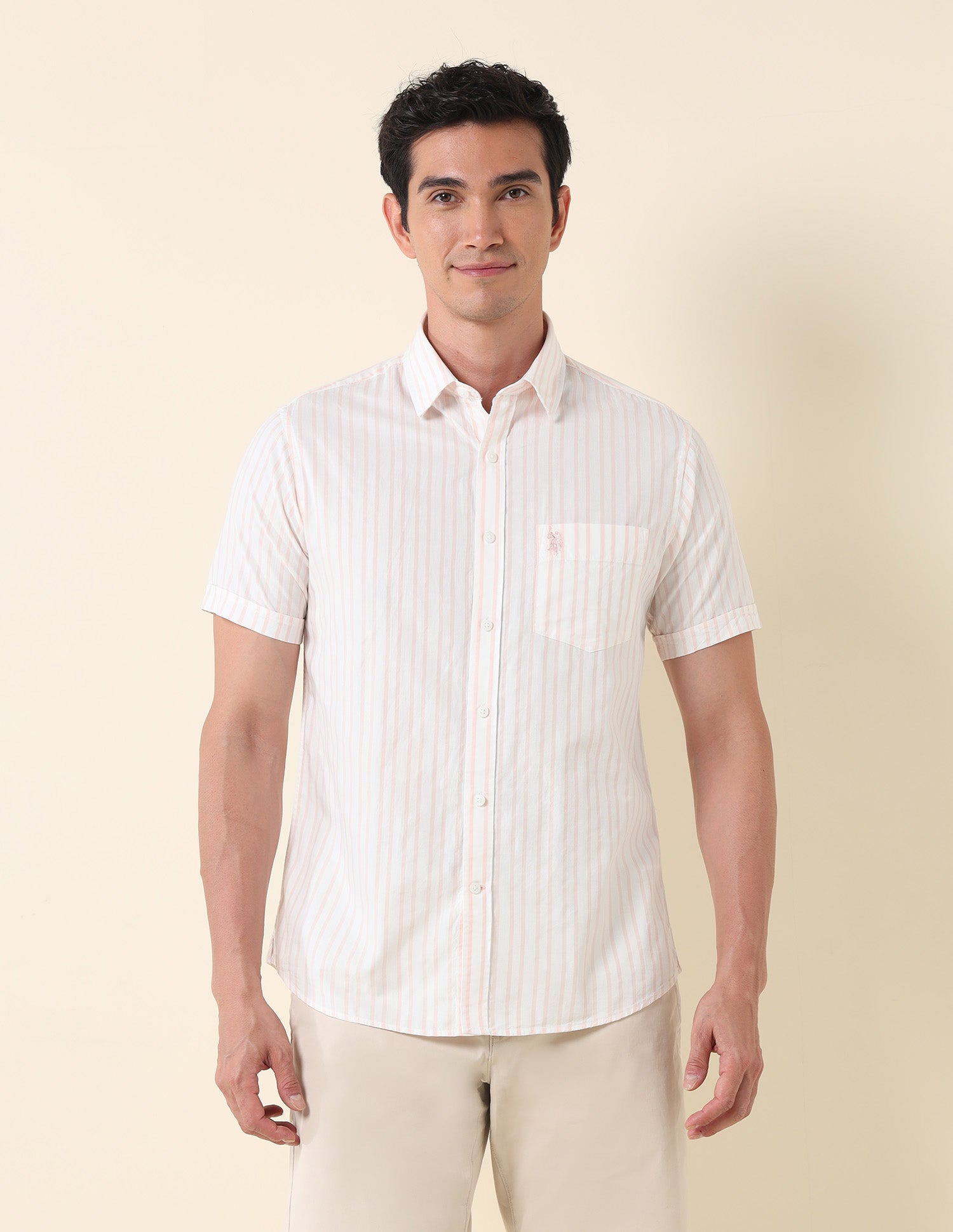 Vertical Striped Tailored Fit Shirt Peach - U.S. Polo Assn. India | Large