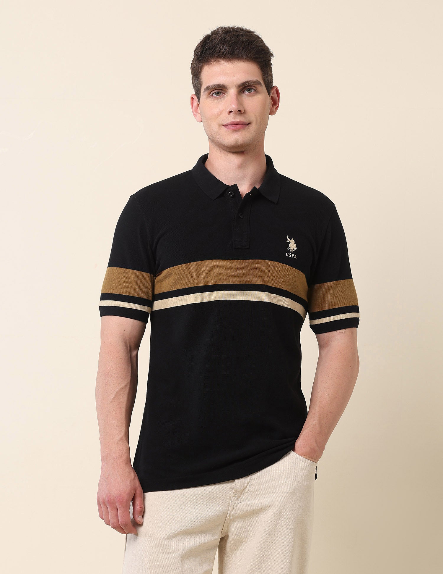 Horizontal Striped Modern Monochrome Polo Shirt Black - U.S. Polo Assn. India | Large