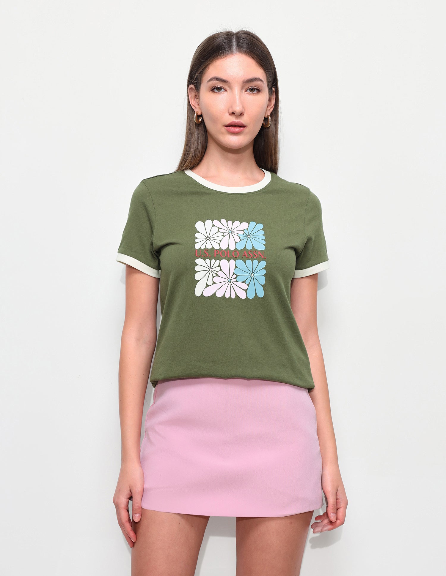 Floral Printed Regular Fit Ringer T-Shirt Olive - U.S. Polo Assn. India | Large