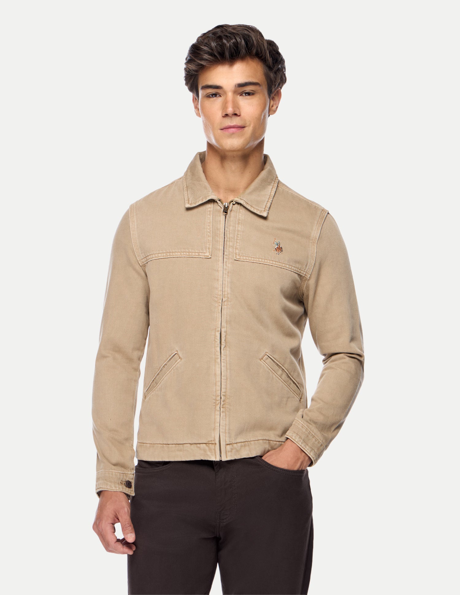Solid Regular Fit Trucker Jacket Khaki - U.S. Polo Assn. India | Large