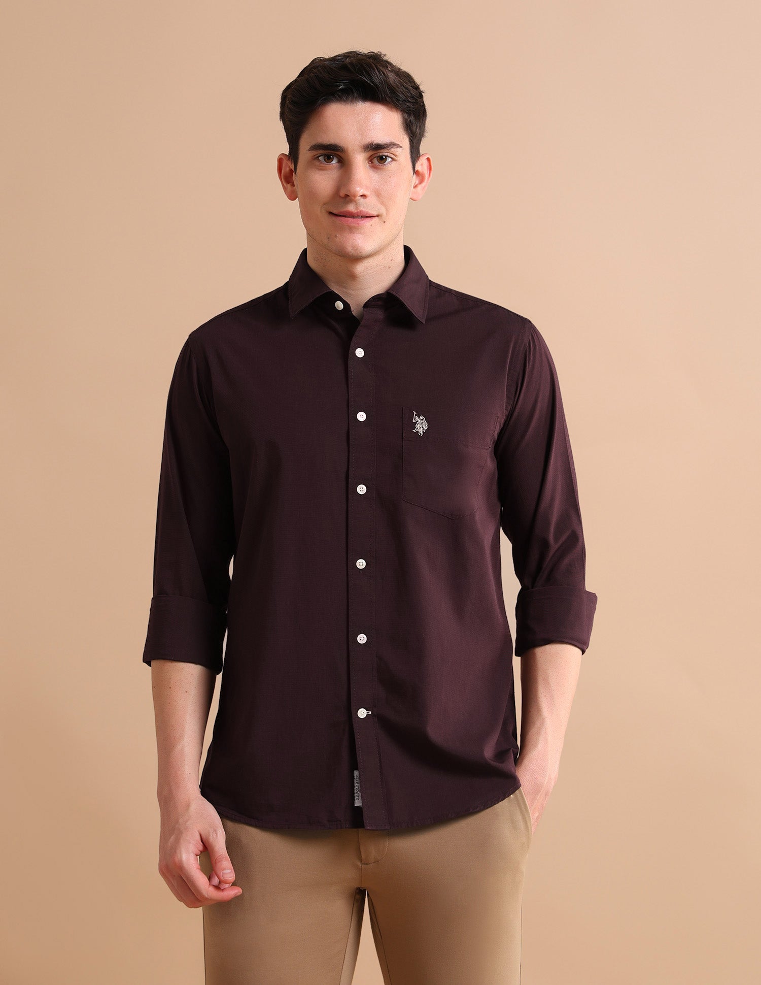 Textured Cotton Shirt Maroon - U.S. POLO ASSN. | Large
