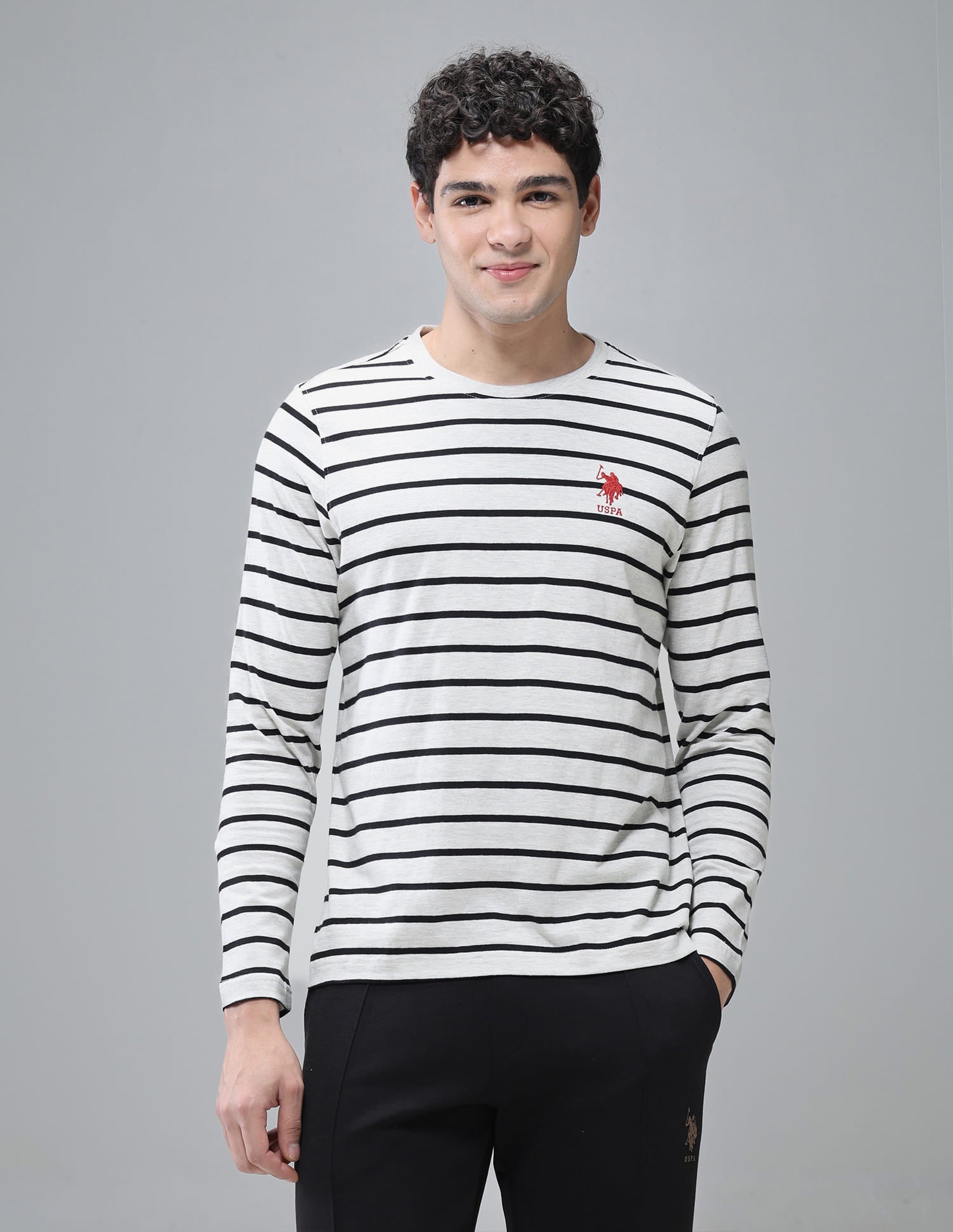 Comfort Fit Stripe Cotton I689 Lounge T-Shirt - Pack Of 1 Light Grey - U.S. Polo Assn. India | Large