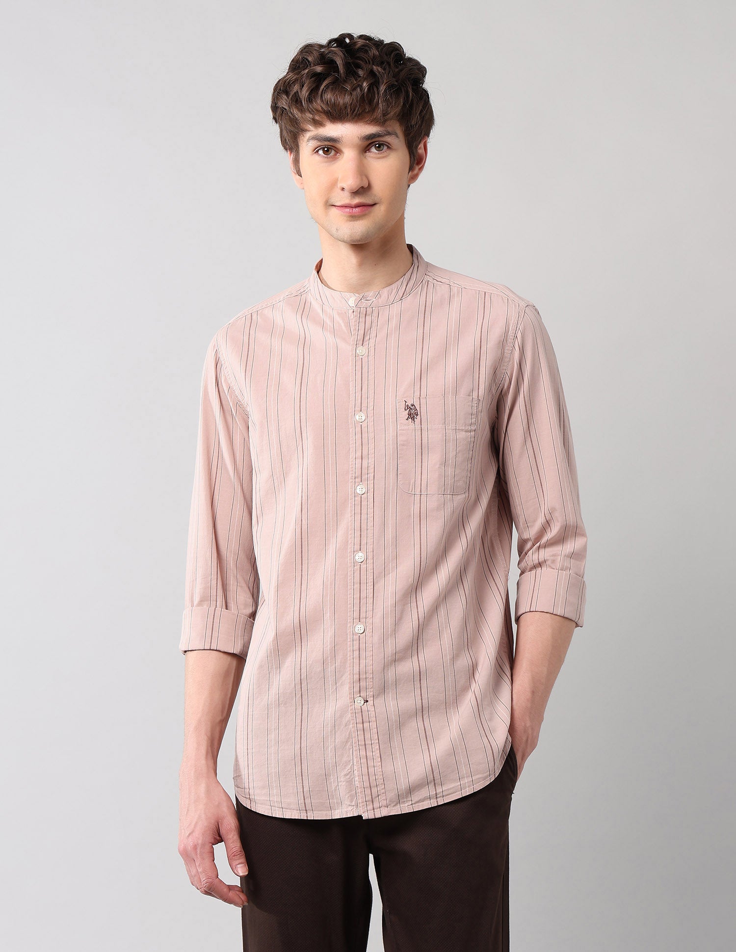 Pure Cotton Regular Fit Mandarin Shirt Peach - U.S. Polo Assn. India | Large
