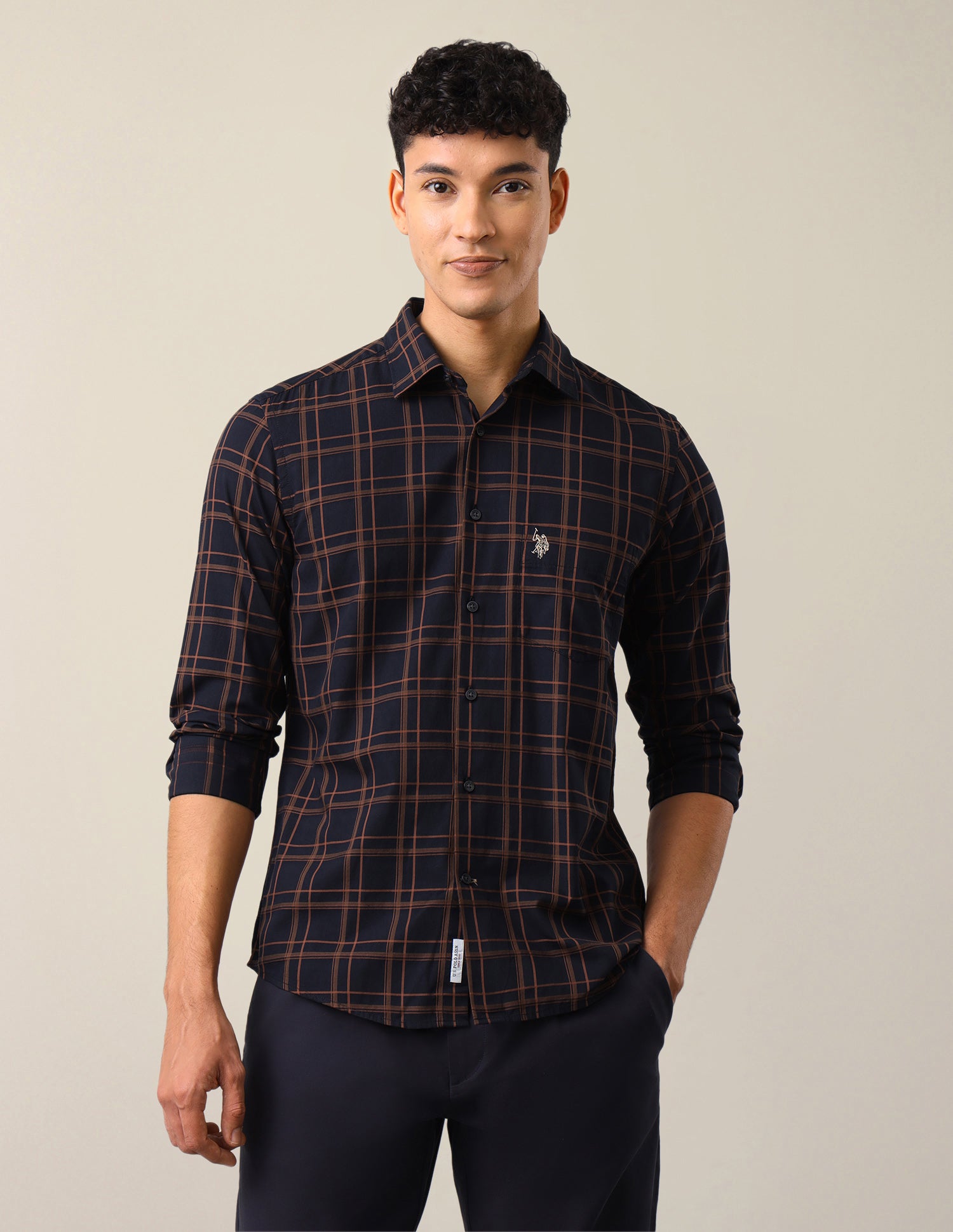 Grid Tattersall Checked Tailored Fit Shirt Navy - U.S. Polo Assn. India | Large