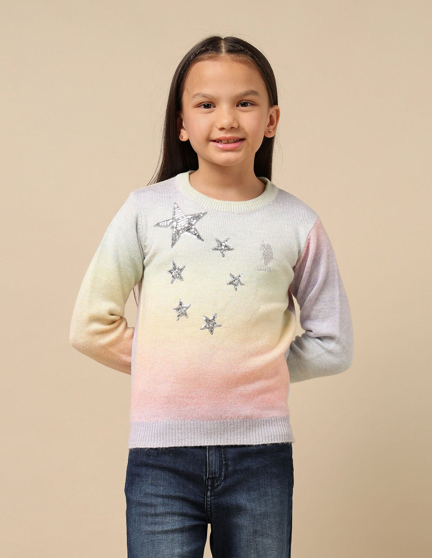 GirlsCrew Neck Embellished Sweater Pink and Grey - U.S. POLO ASSN. | Large