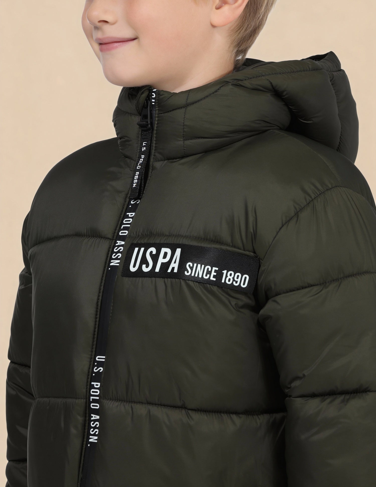 Boys Solid Regular Fit Puffer Jacket Olive - U.S. Polo Assn. India | Large