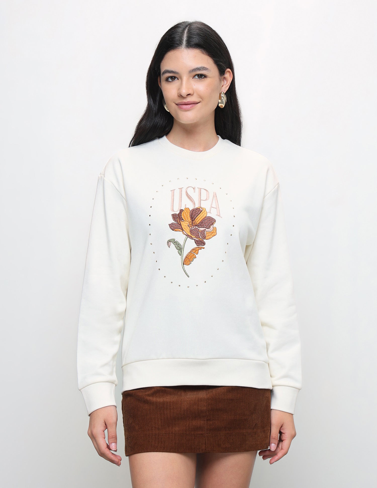 Brand Floral Embroidered Relaxed Fit Sweatshirt Off White - U.S. Polo Assn. India | Large