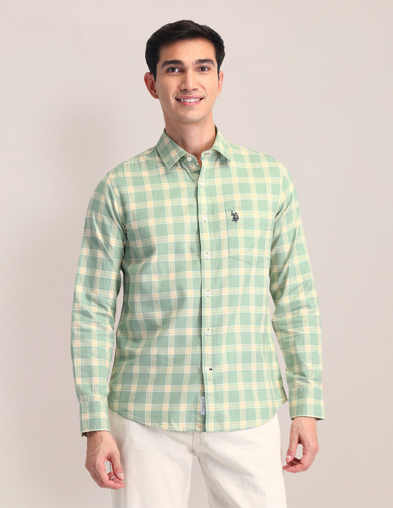 Tailored Fit Dobby Checked Shirt Green - U.S. POLO ASSN. | Large