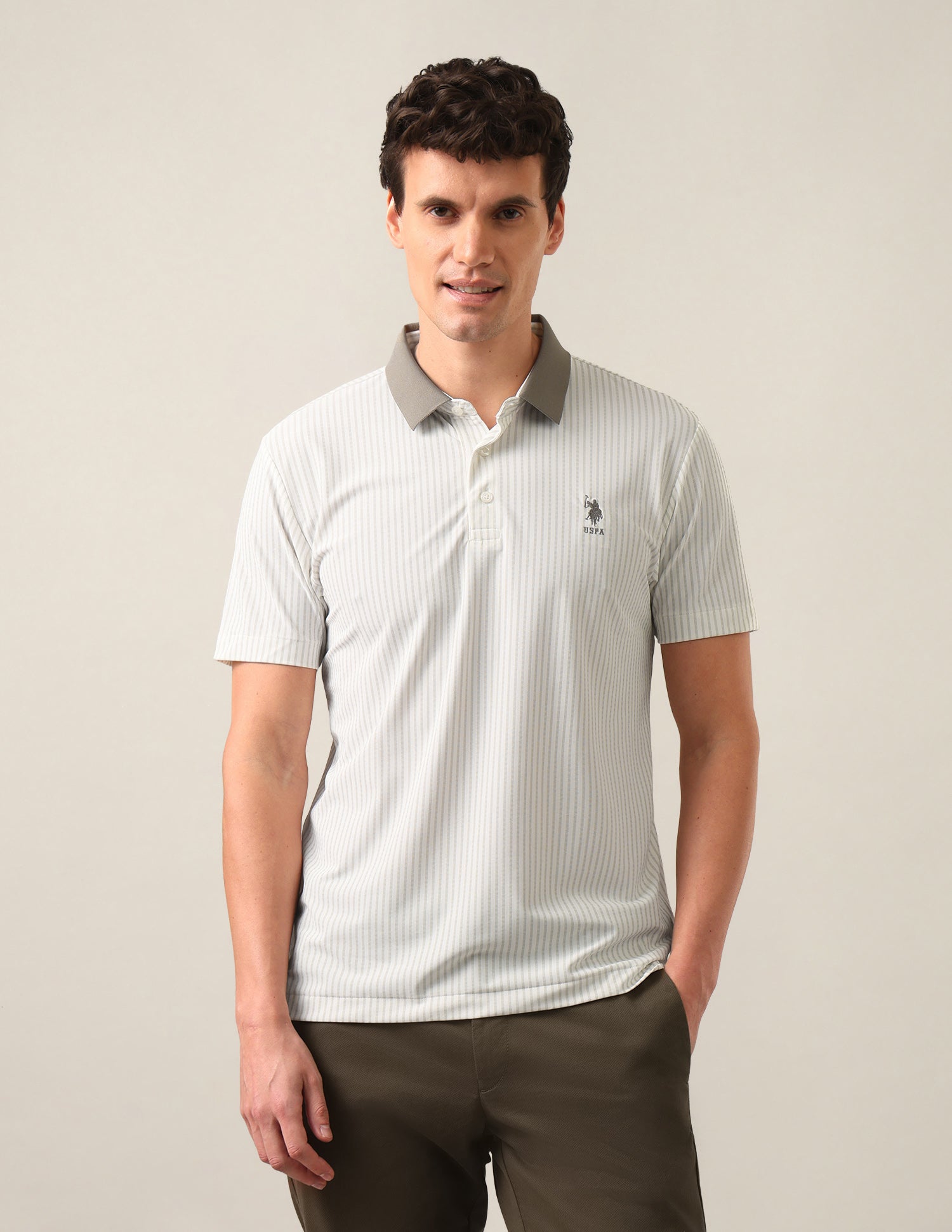 Vertical Striped Slim Fit Polo Shirt Olive - U.S. Polo Assn. India | Large
