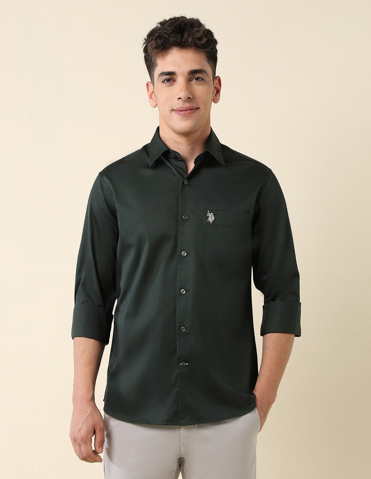Tailored Fit Satin Shirt Green - U.S. Polo Assn. India | Large