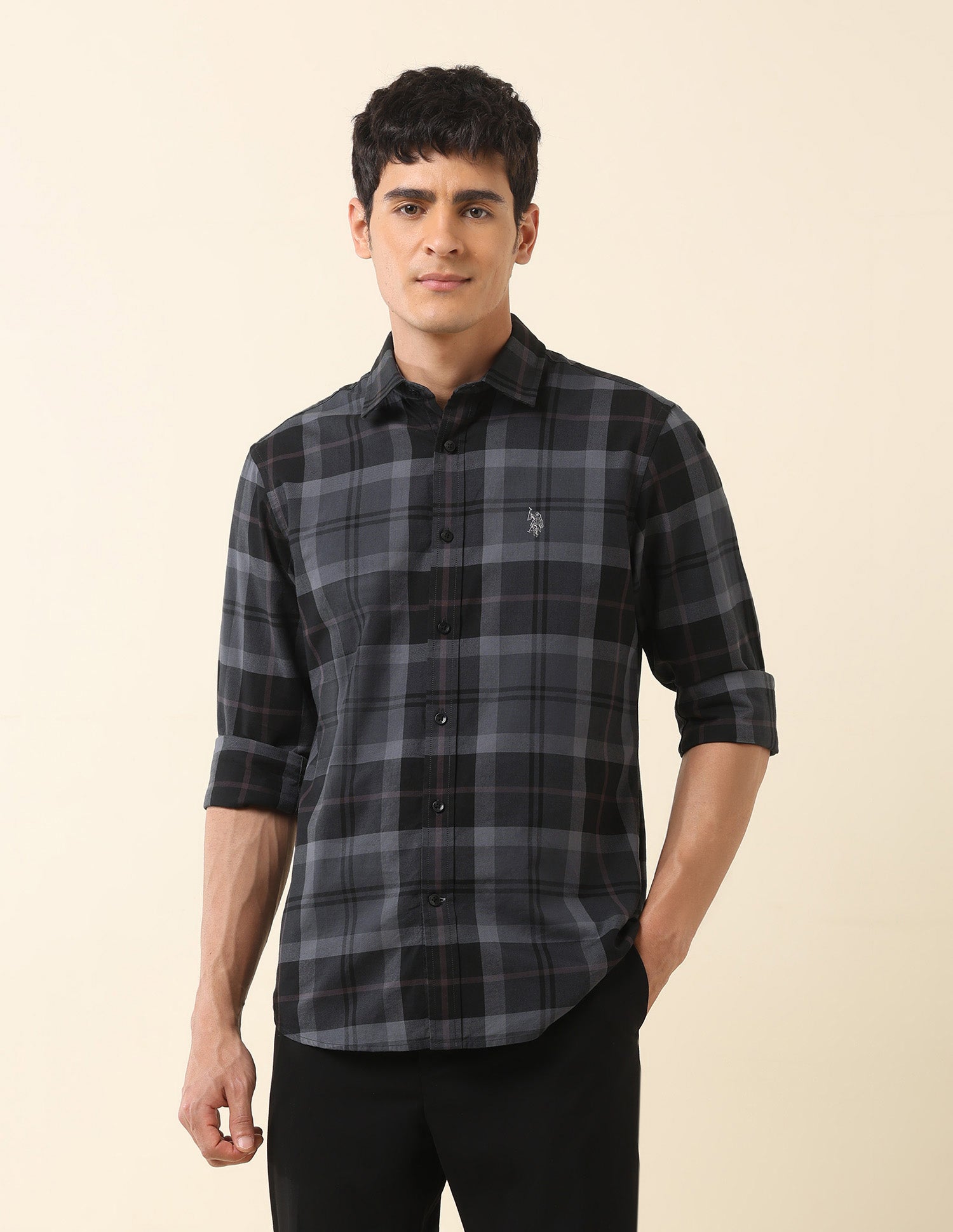 Tartan Checked Pure Cotton Shirt Dark Grey - U.S. Polo Assn. India | Large