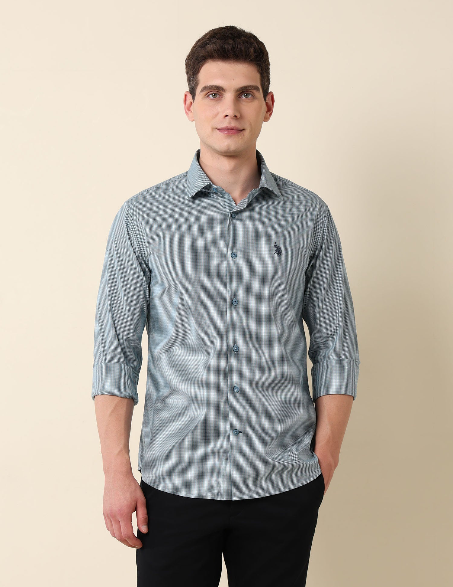 Micro Checked Tailored Fit Shirt Teal - U.S. Polo Assn. India | Large