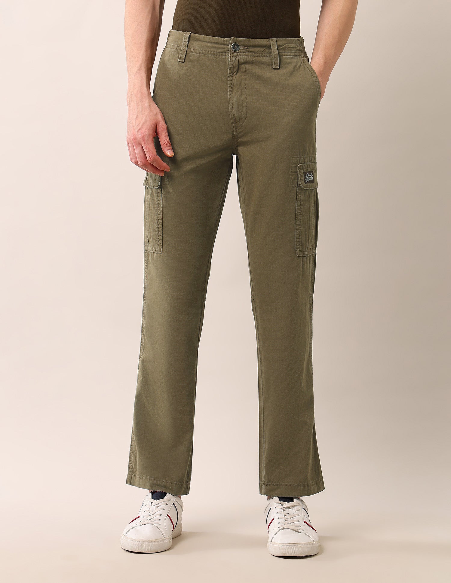Mid Rise Straight Fit Textured Cargos Tan - U.S. Polo Assn. India | Large