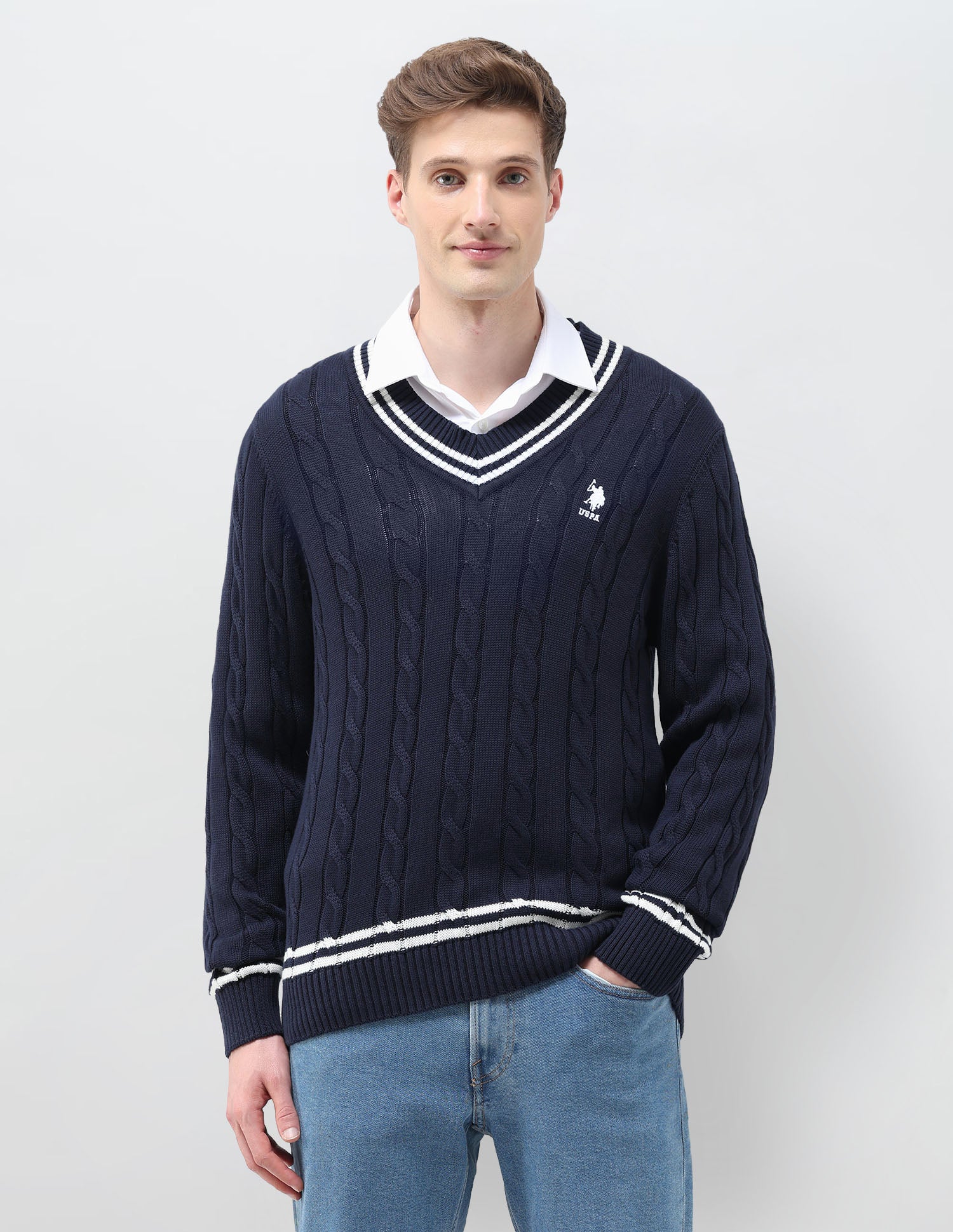 Patterned Cable Knit Regular Fit Sweater Navy - U.S. Polo Assn. India | Large