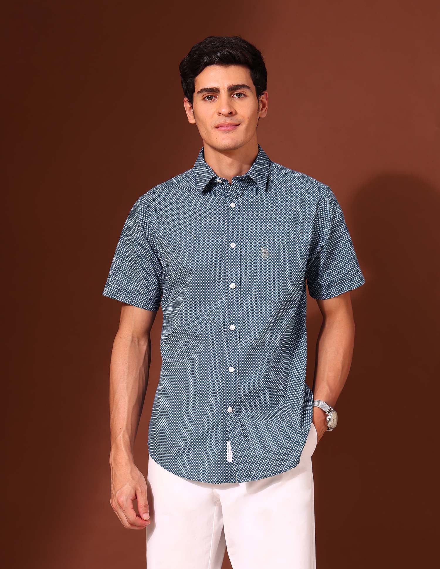 Geometric Printed Tailored Fit Shirt Blue - U.S. Polo Assn. India | Large