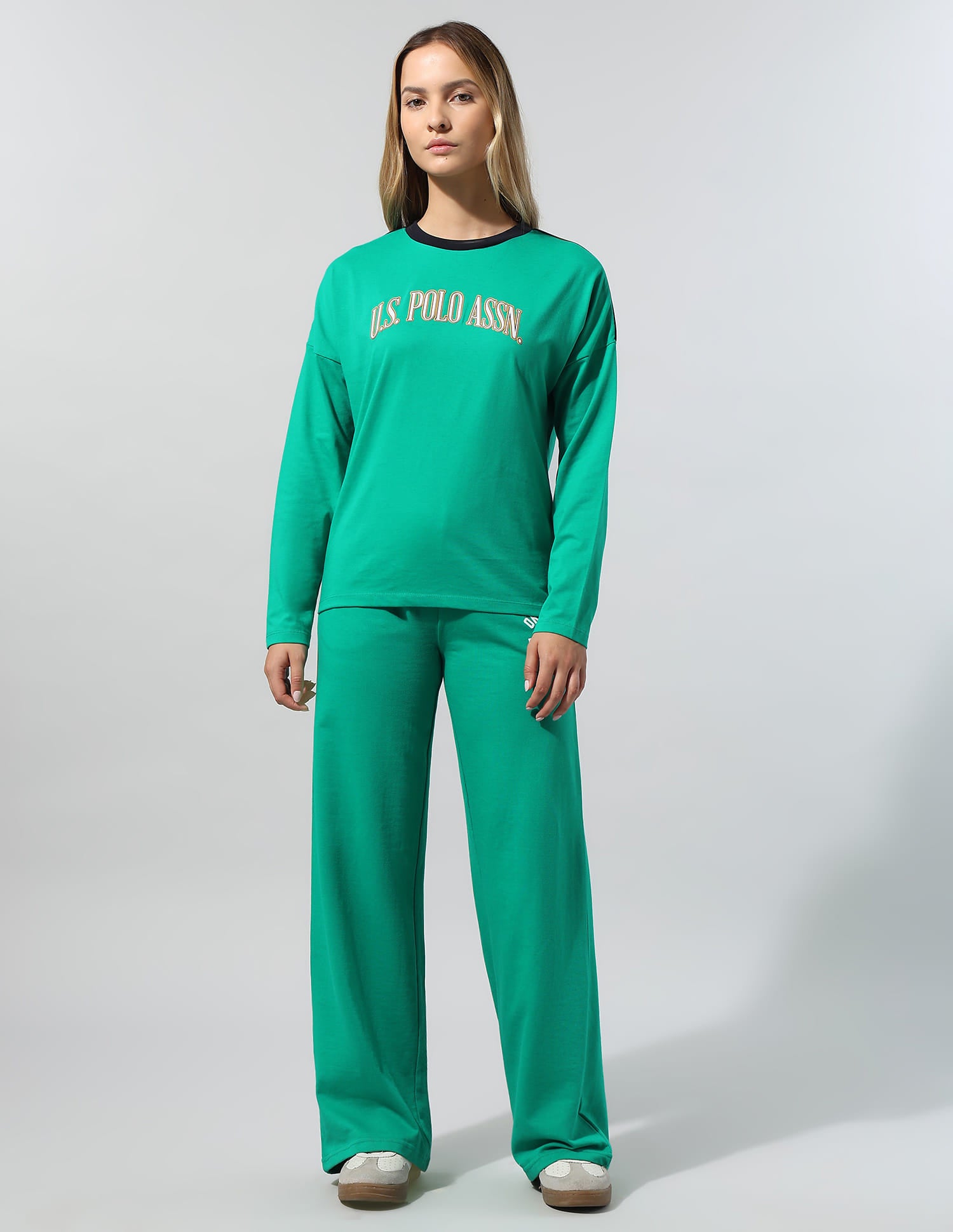 Drop Shoulder Full Sleeves T-Shirt With Wide Leg Pants Green - U.S. Polo Assn. India | Large