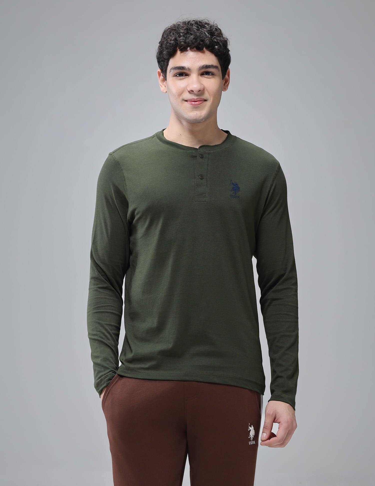 Comfort Fit Cotton I694 Henley Lounge T-Shirt - Pack Of 1 Olive - U.S. Polo Assn. India | Large