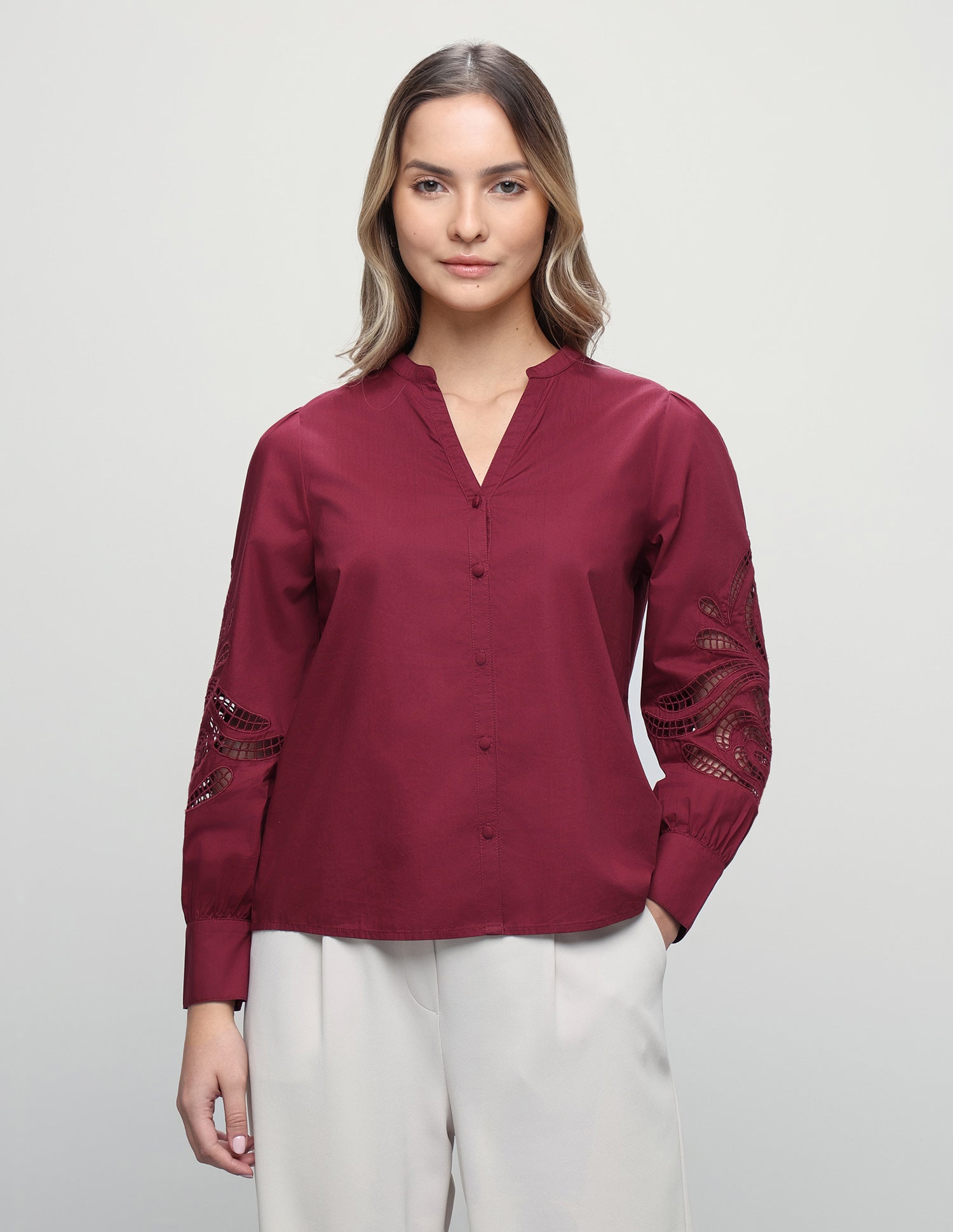 Solid Cutwork Embroidery Regular Fit Shirt Maroon - U.S. Polo Assn. India | Large