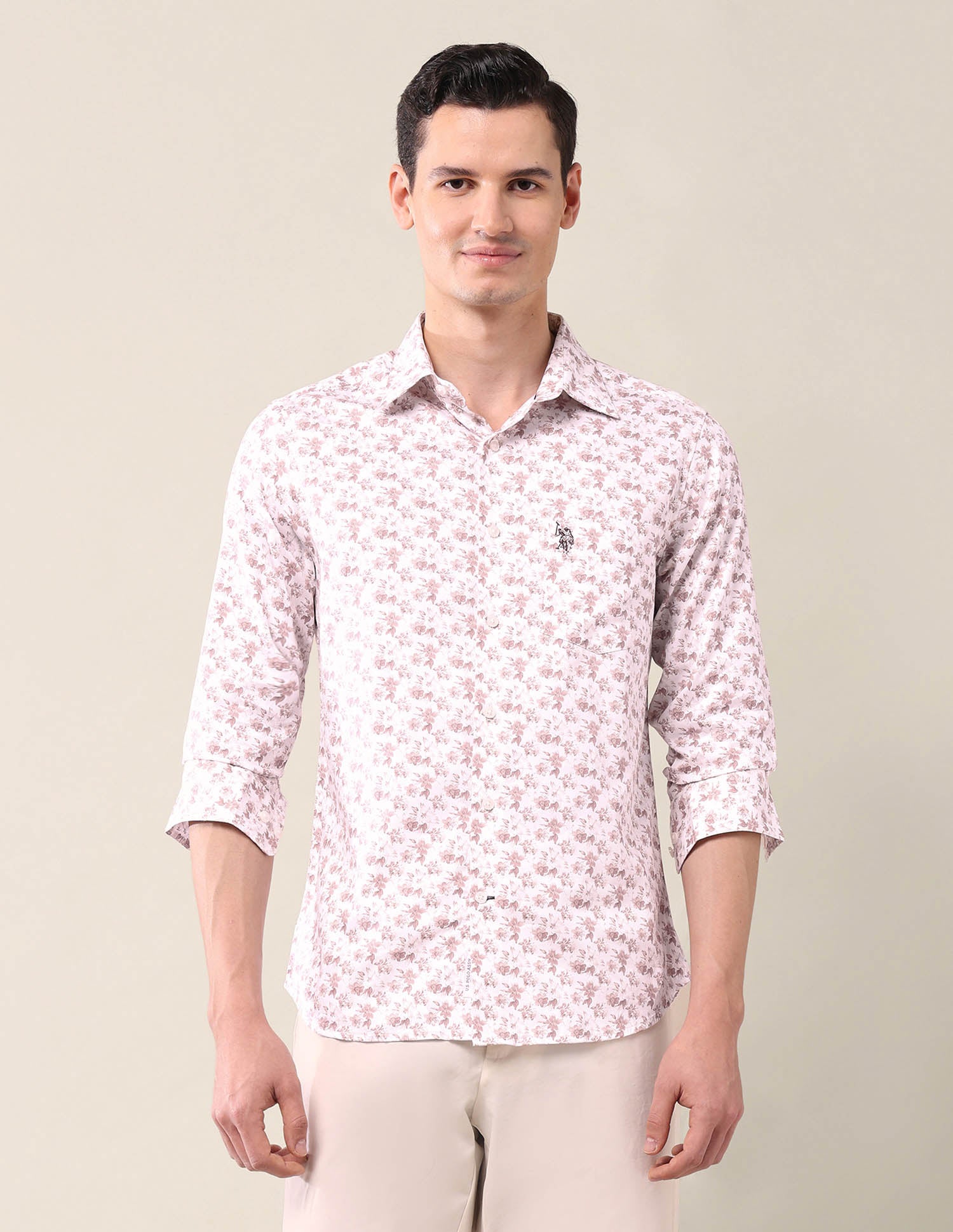 Floral Printed Tailored Fit Shirt Peach - U.S. POLO ASSN. | Large