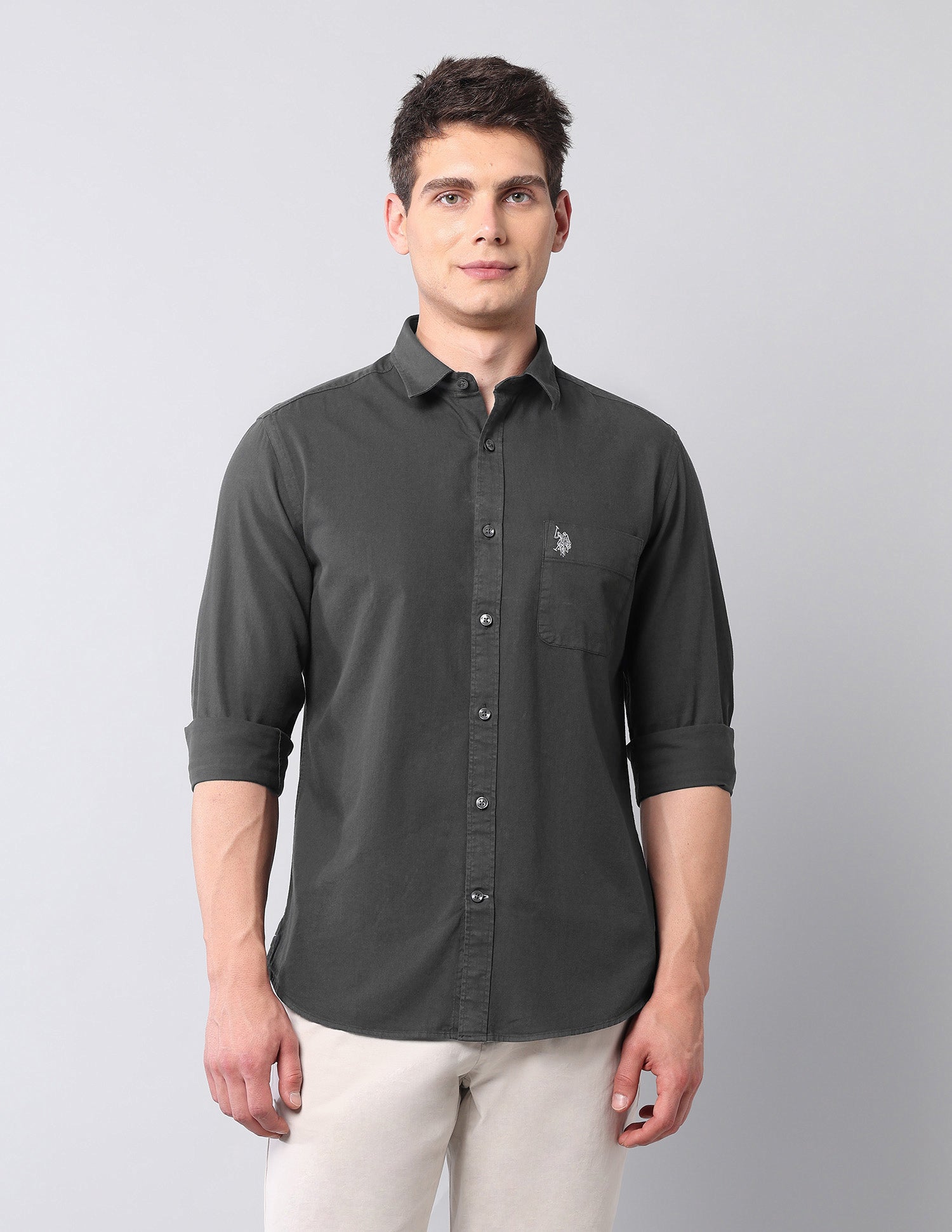 Slim Fit Pure Cotton Twill Shirt Grey - U.S. Polo Assn. India | Large