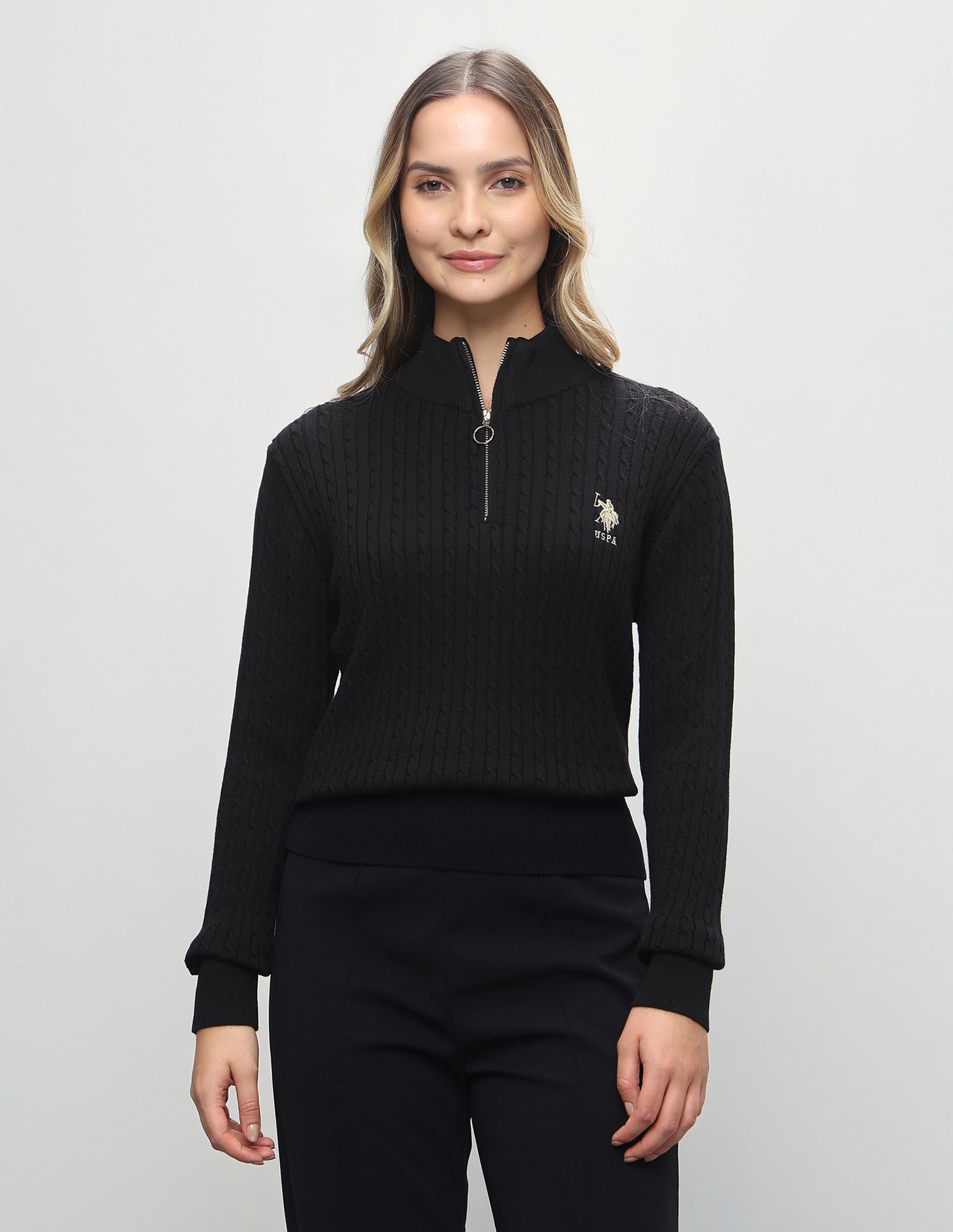 Cable Patterned Knit Regular Fit Sweater Black - U.S. Polo Assn. India | Large
