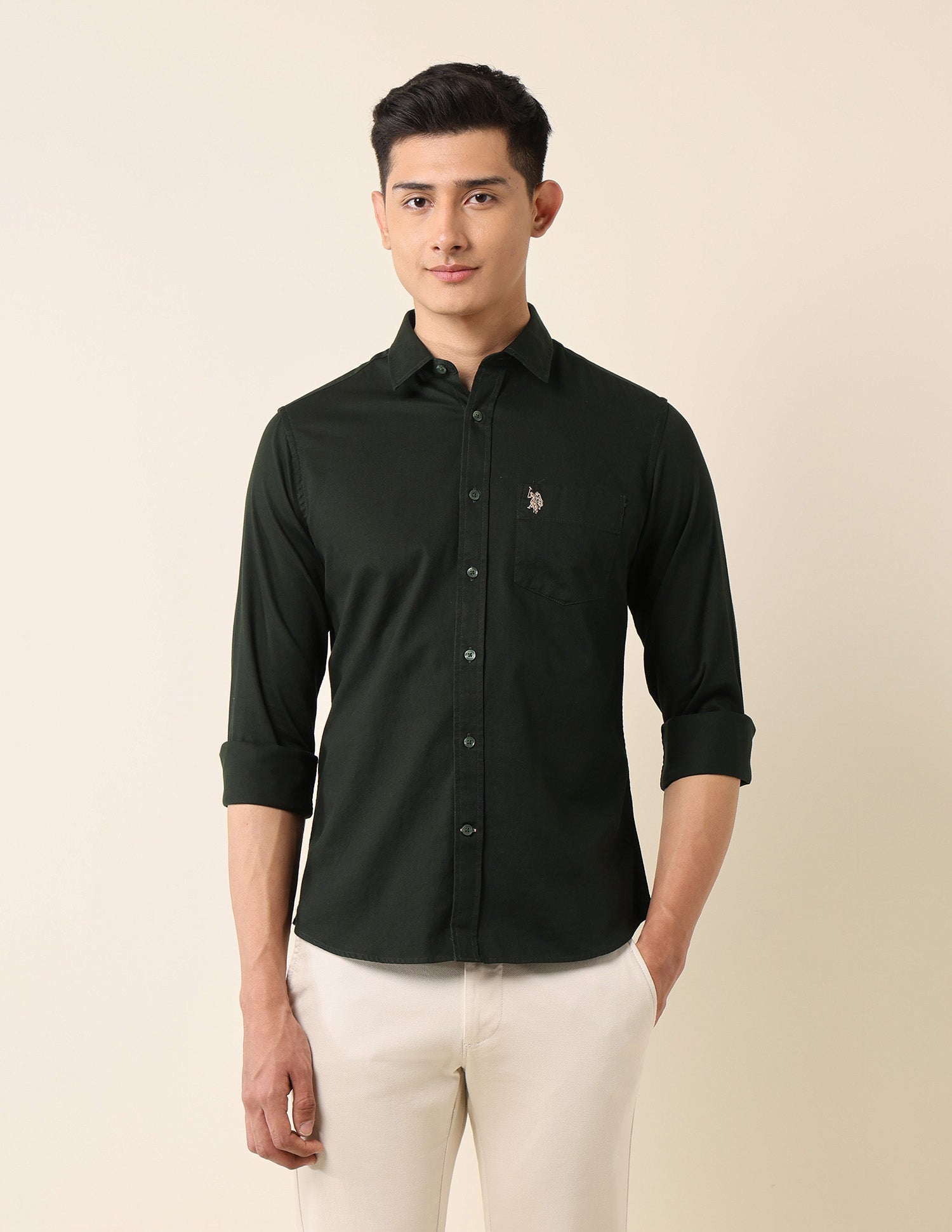 Tailored Fit Pure Cotton Shirt Dark Olive - U.S. Polo Assn. India | Large