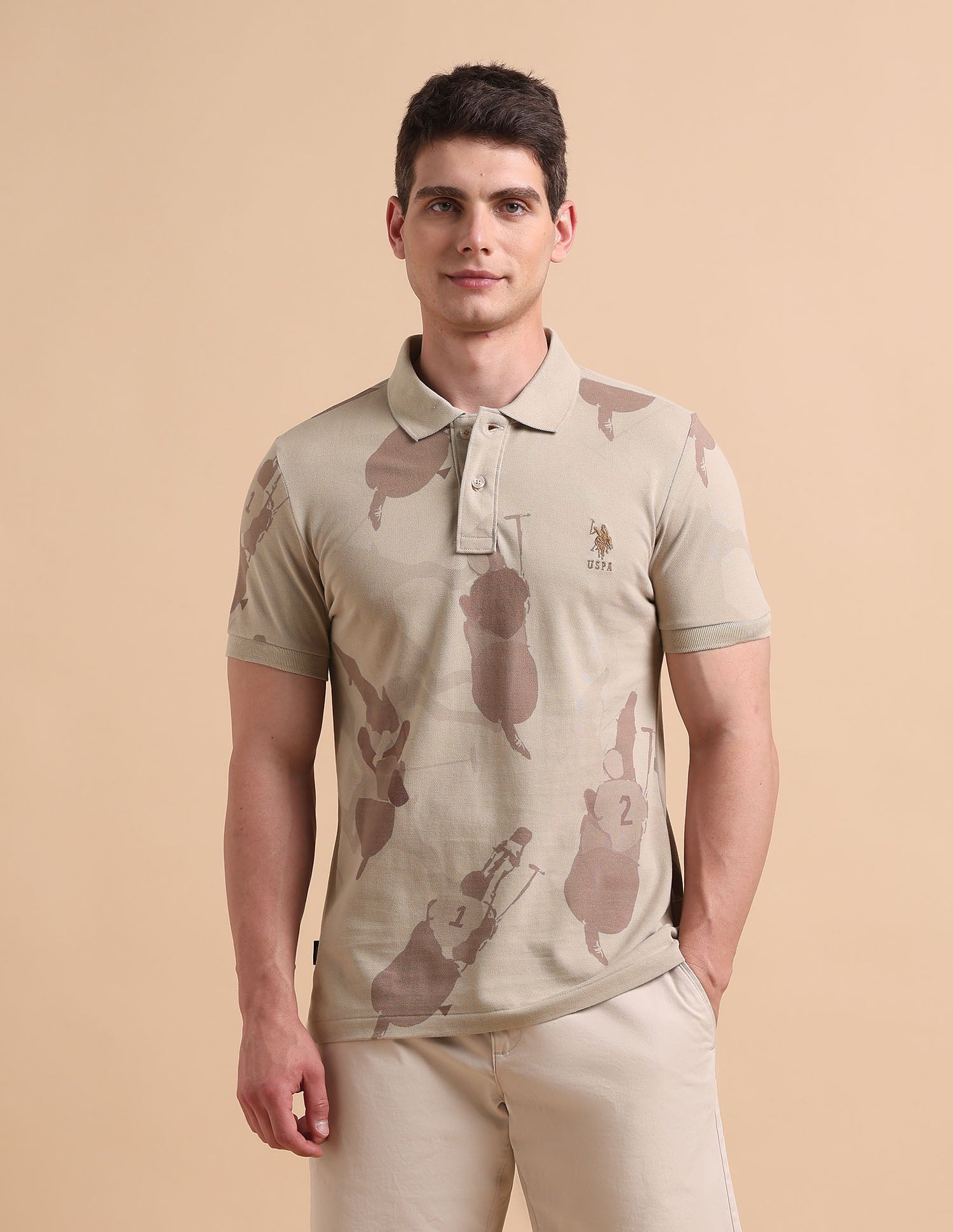 All-Over Printed Pure Cotton Polo Shirt Beige - U.S. POLO ASSN. | Large