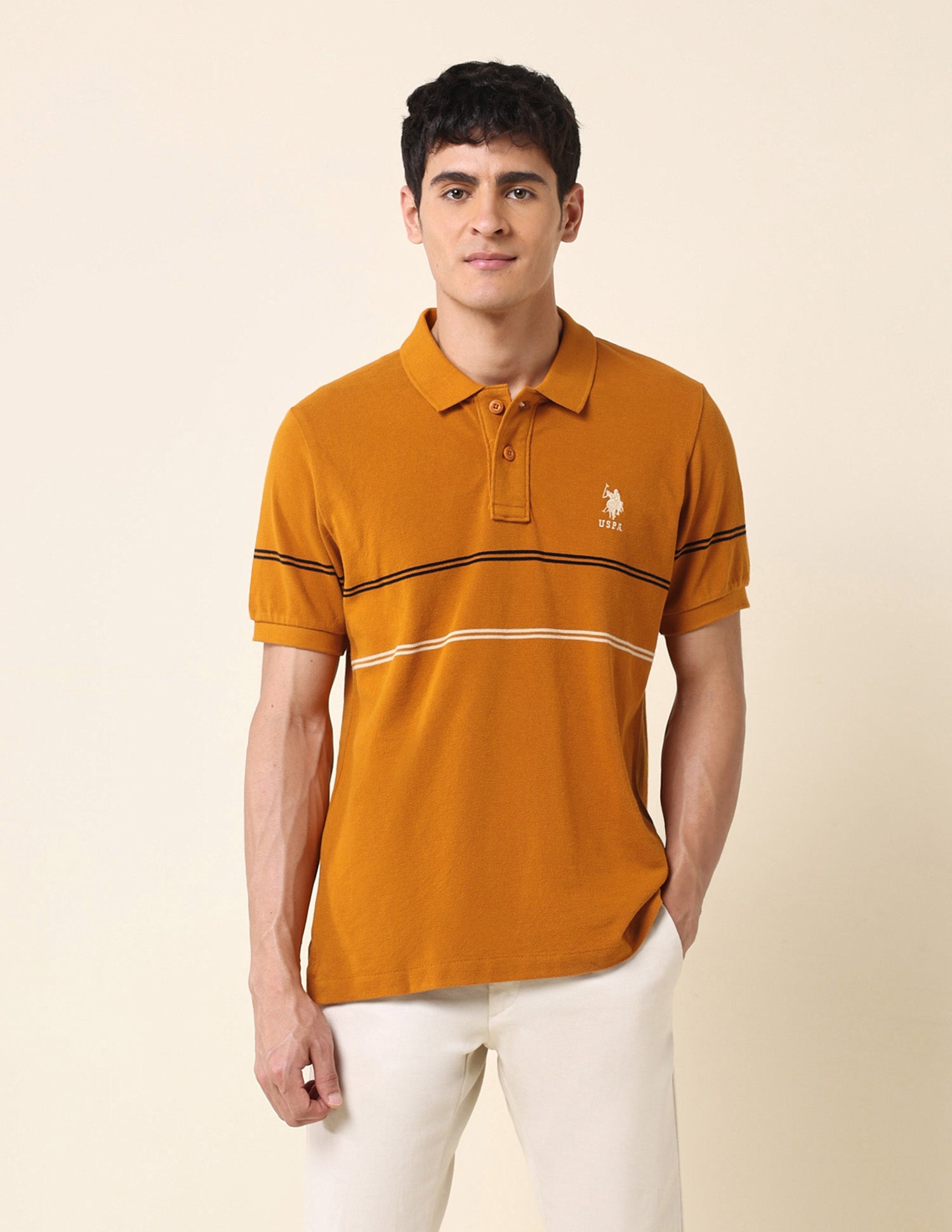Horizontal Striped Classic Polo Shirt Mustard - U.S. Polo Assn. India | Large