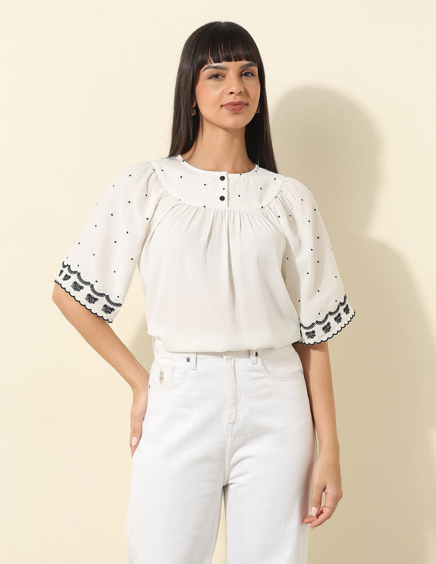 Floral Embroidered Top Off White - U.S. POLO ASSN. | Large