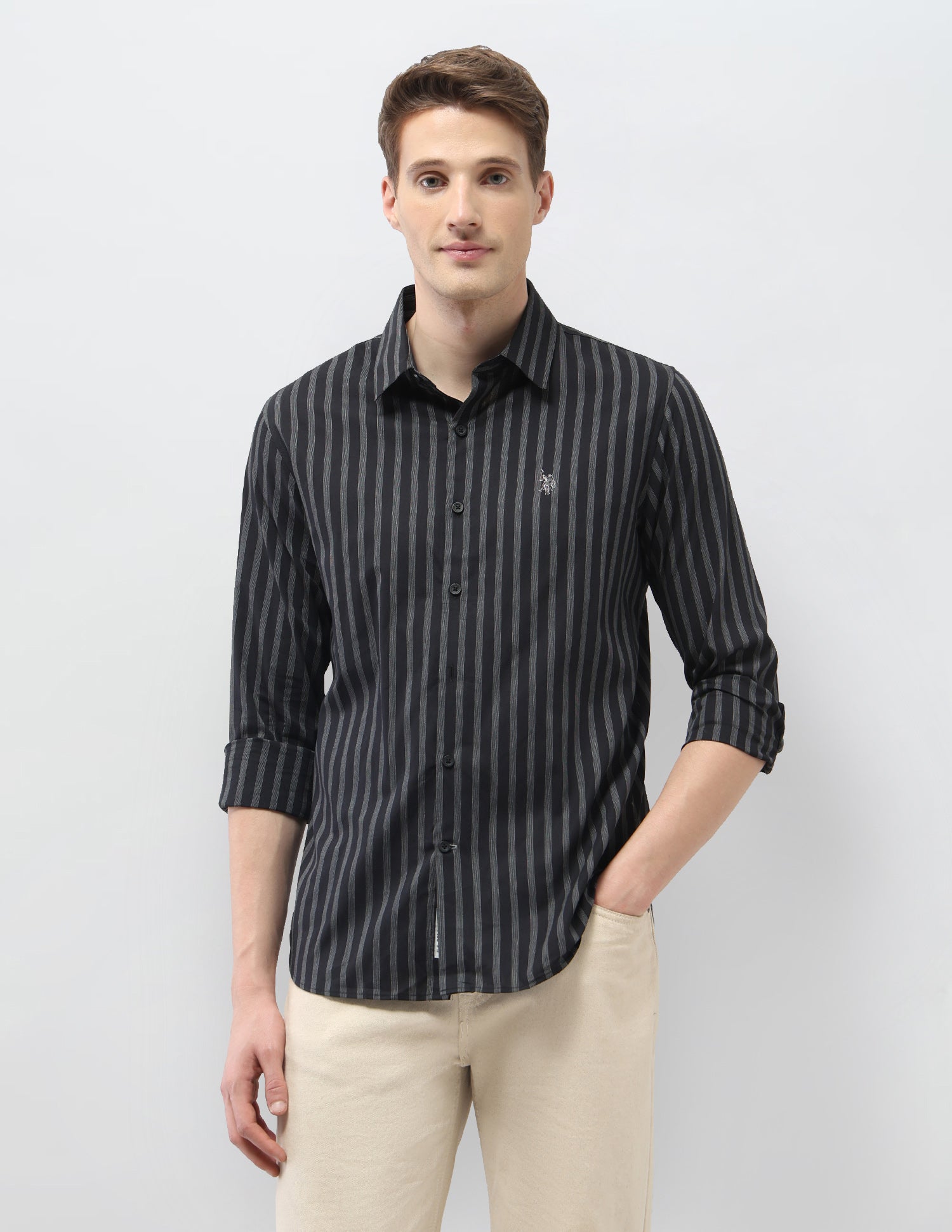 Regular Fit Vertical Striped Black & Gold Shirt Black - U.S. Polo Assn. India | Large