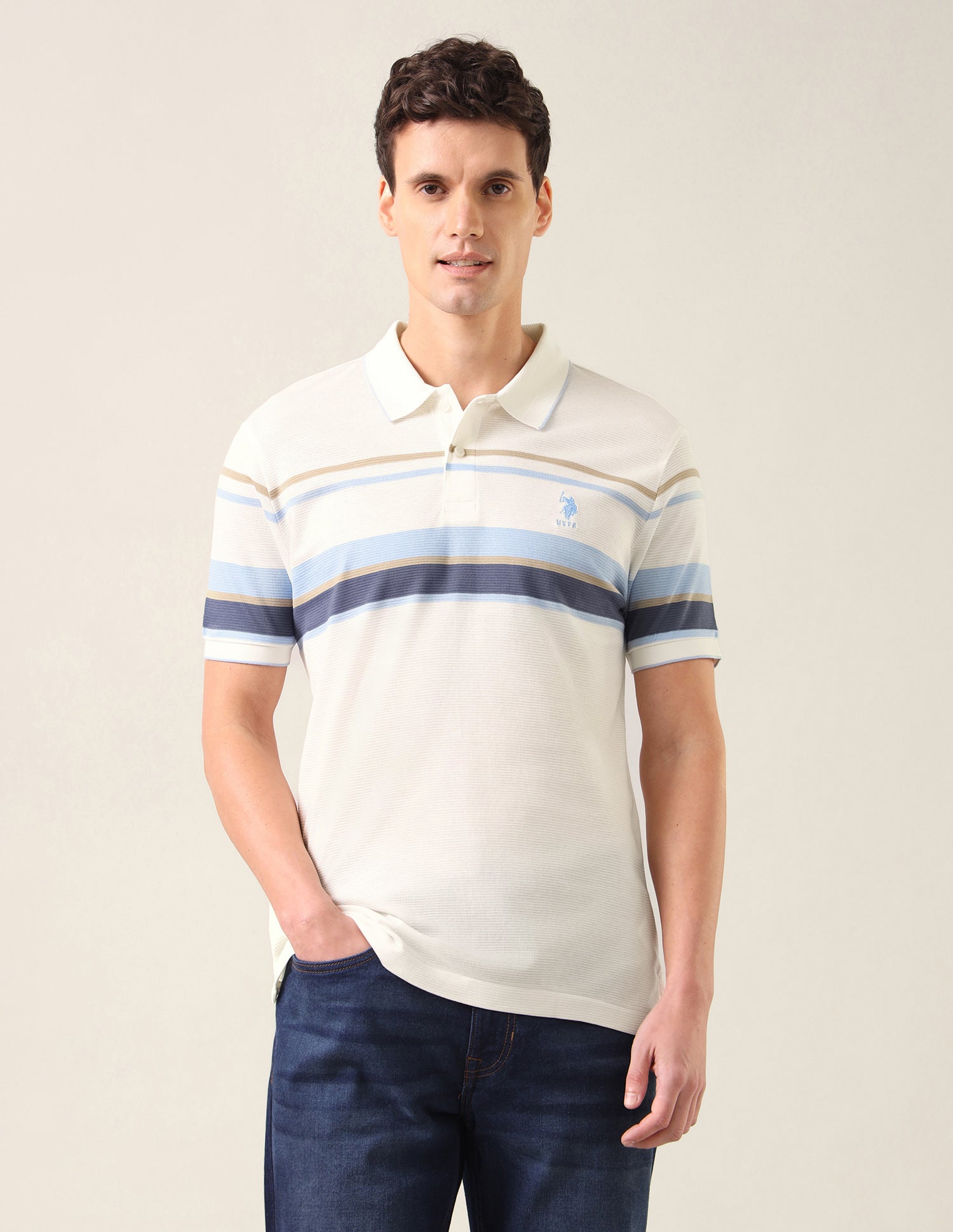 Horizontal Striped Slim Fit Polo Shirt Off White - U.S. Polo Assn. India | Large