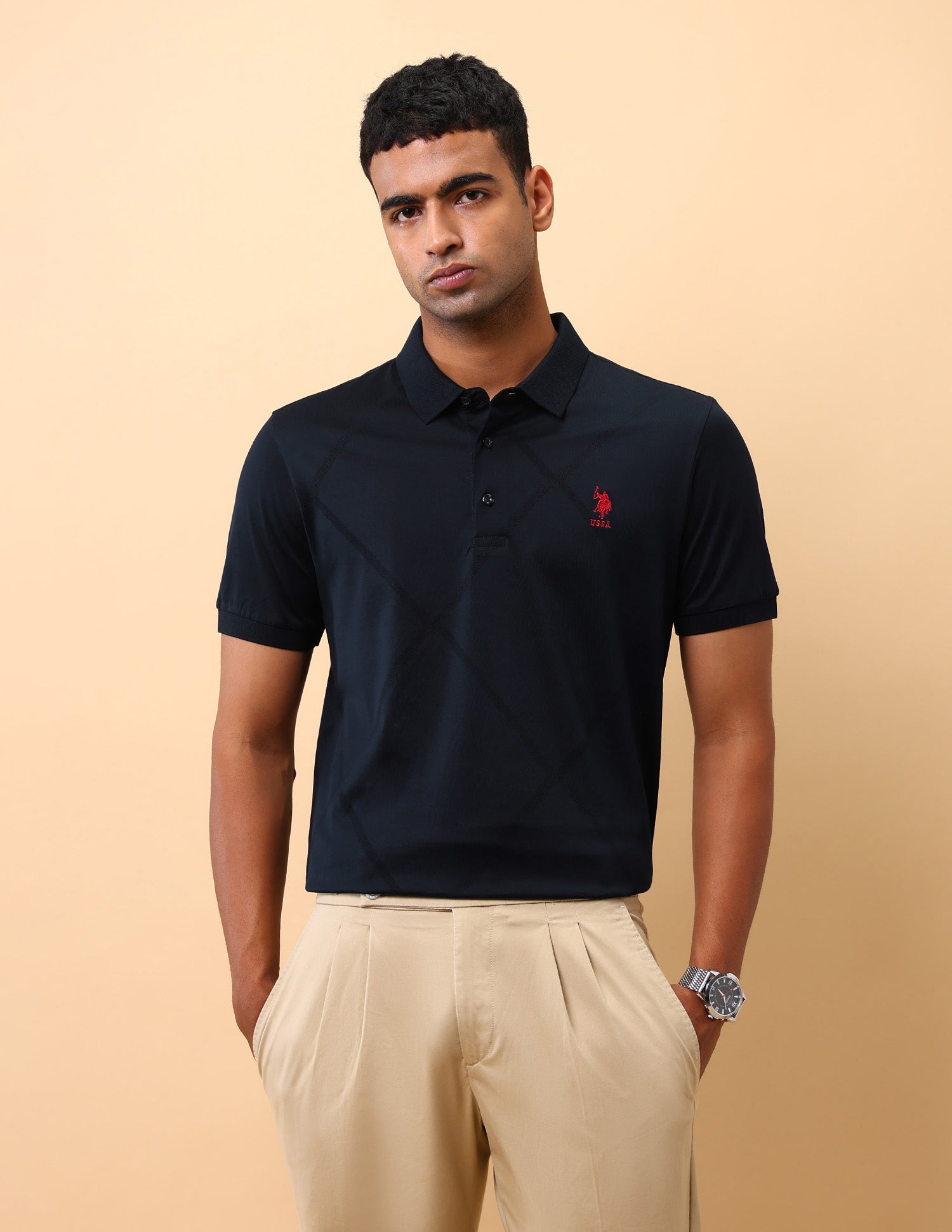 Textured Slim Fit Polo Shirt Navy - U.S. Polo Assn. India | Large