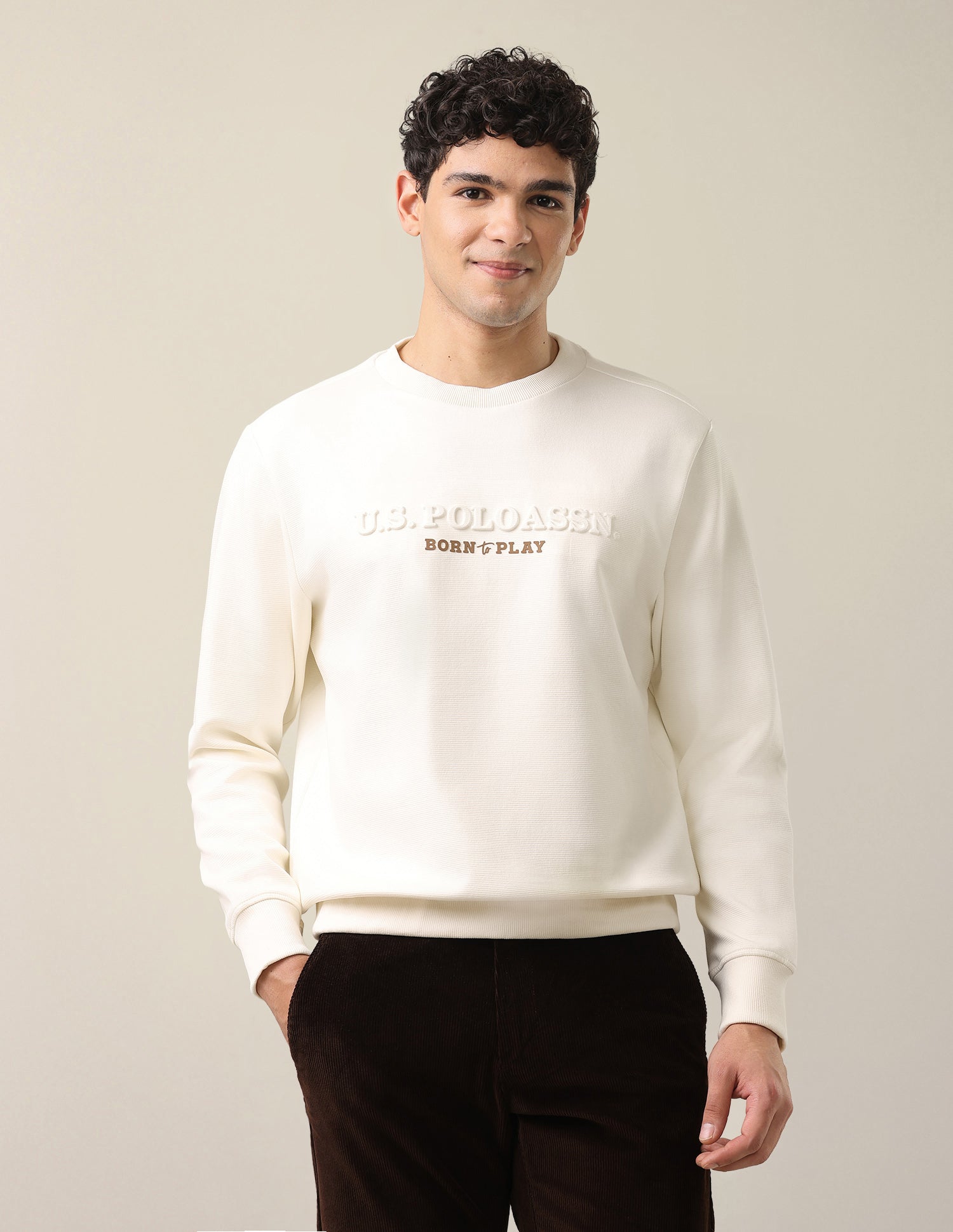 Brand Embossed Slim Fit Sweatshirt Off White - U.S. Polo Assn. India | Large