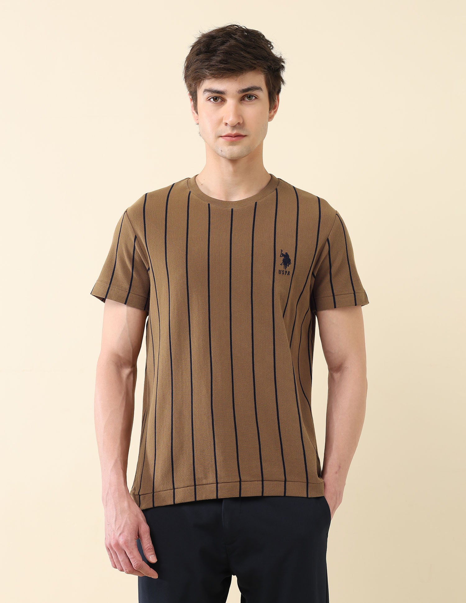 Vertical Striped Pure Cotton Gold Cup T-Shirt Brown - U.S. Polo Assn. India | Large