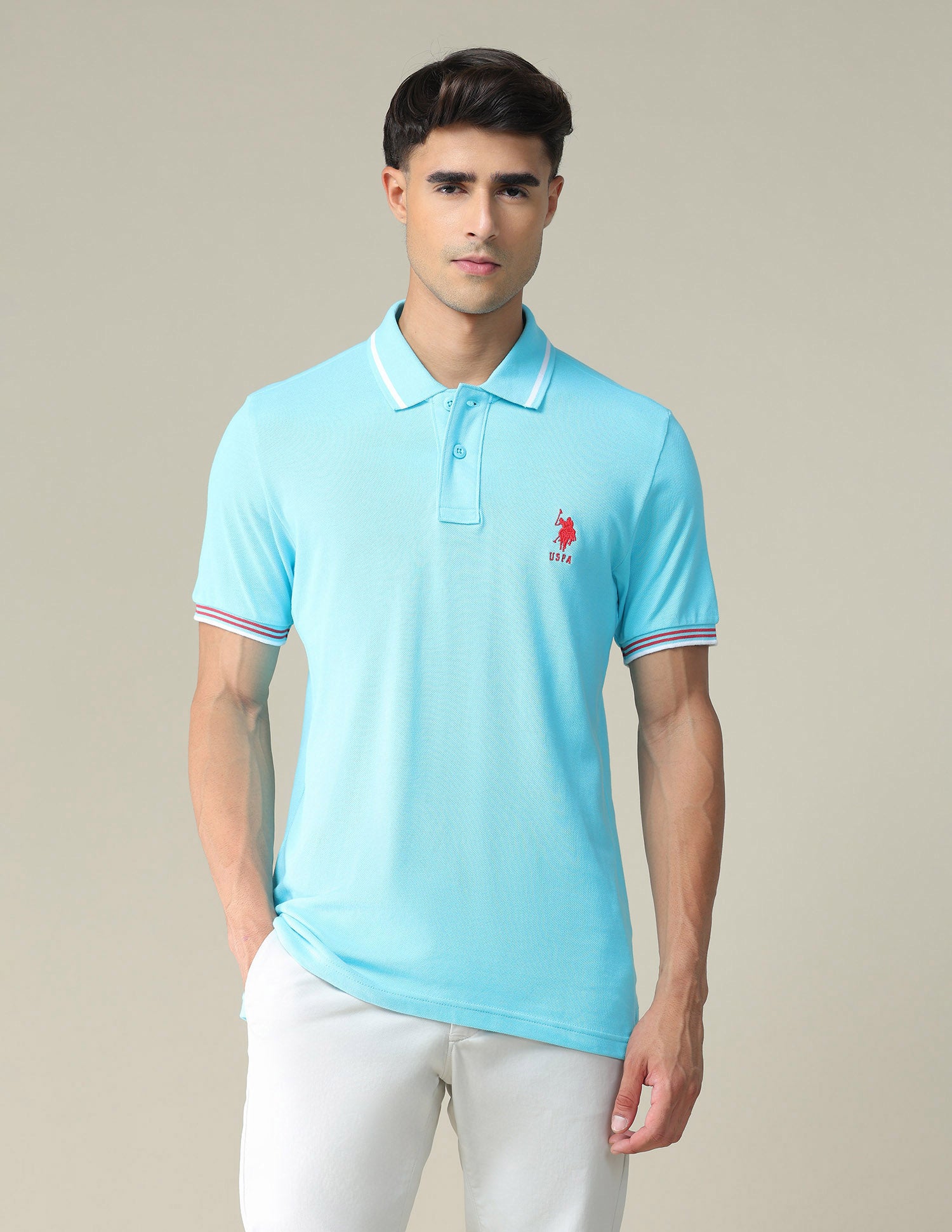 Striped Hem Cotton Polo Shirt Aqua - U.S. POLO ASSN. | Large