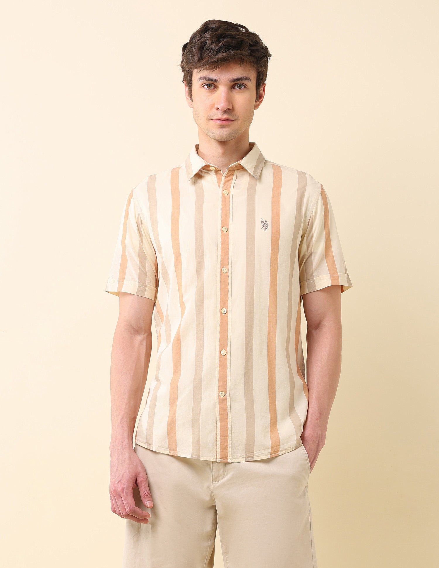 Vertical Striped Poplin Shirt Light Beige - U.S. Polo Assn. India | Large