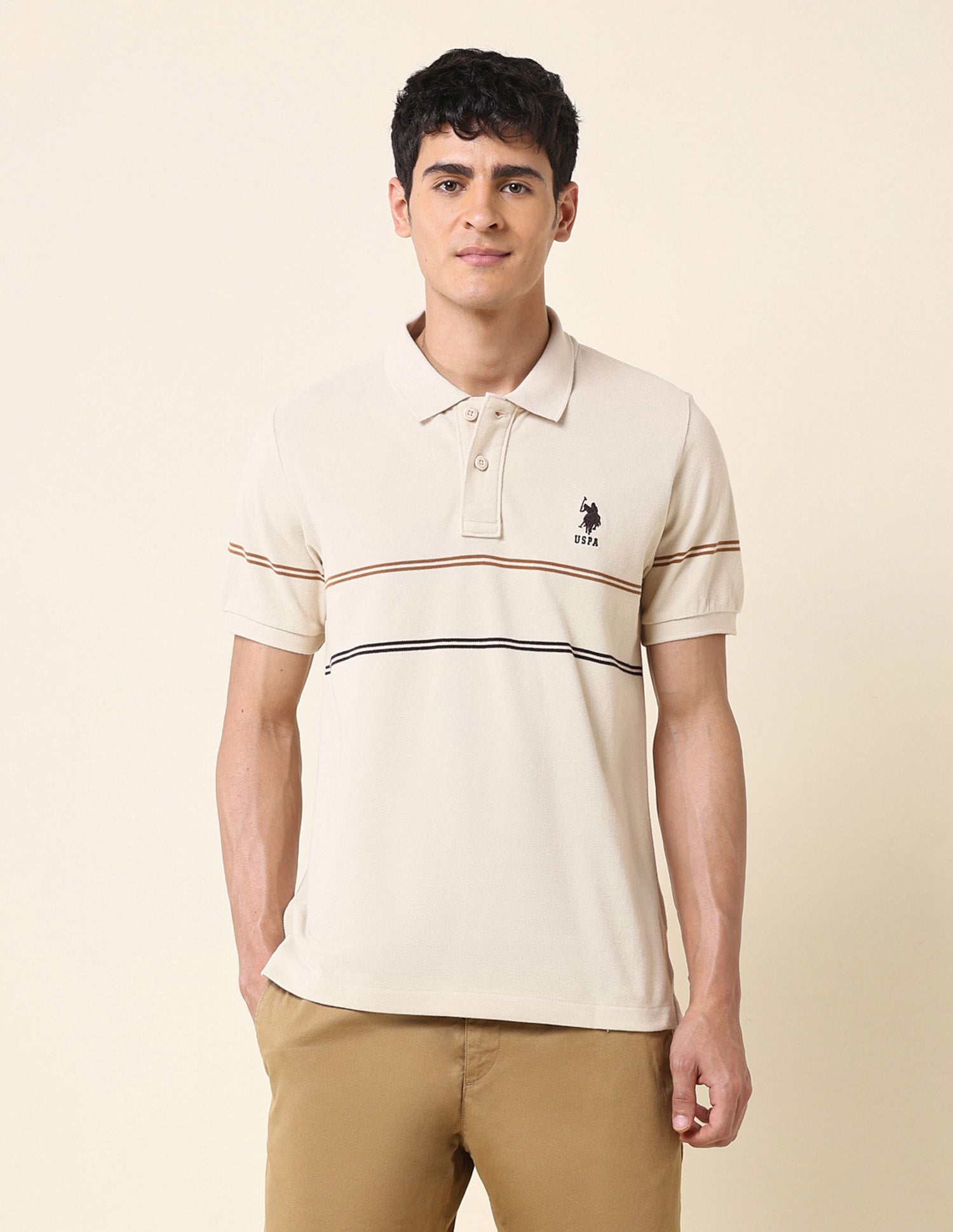 Horizontal Striped Classic Polo Shirt Beige - U.S. Polo Assn. India | Large