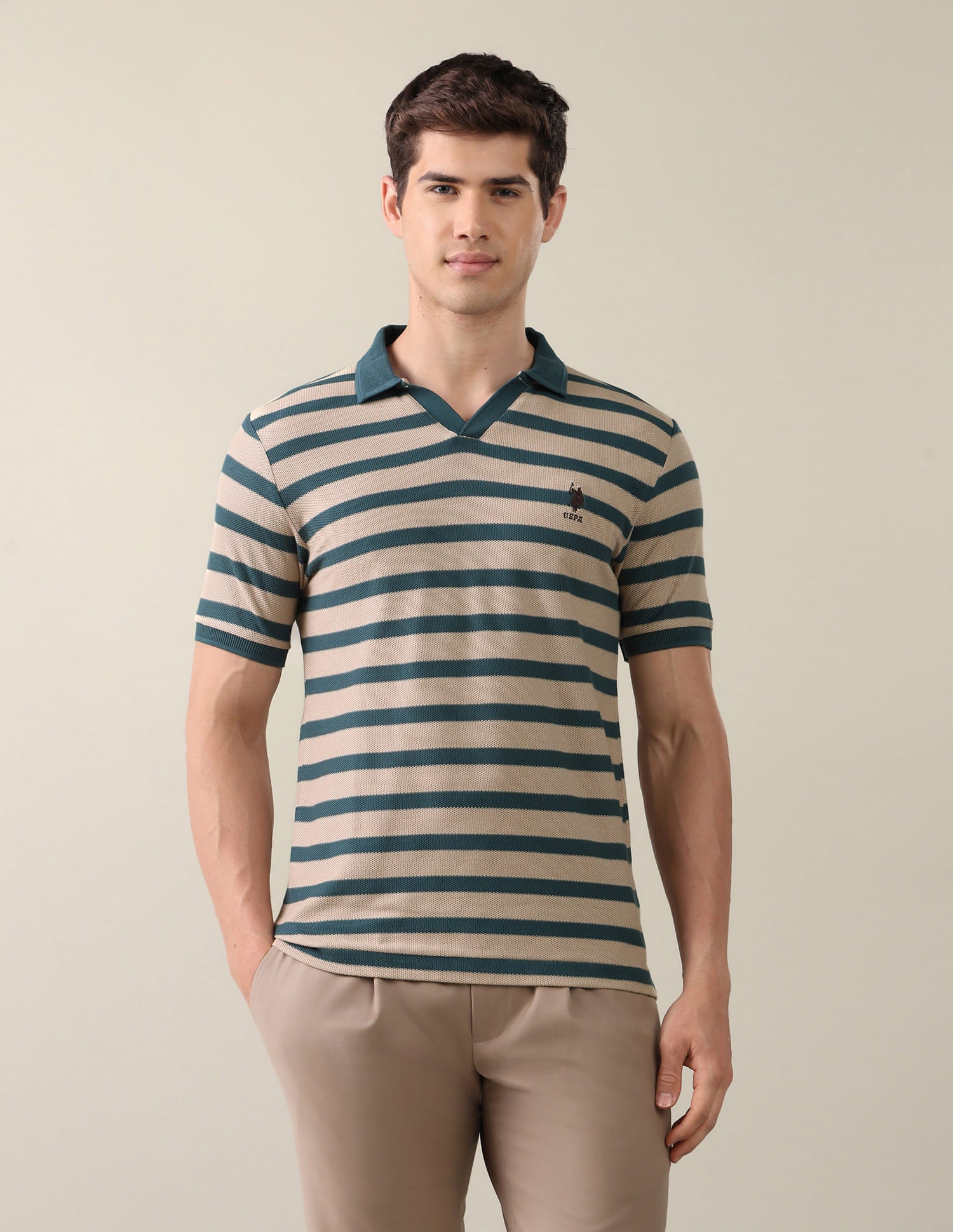 Horizontal Striped Slim Fit Polo Shirt Beige - U.S. Polo Assn. India | Large