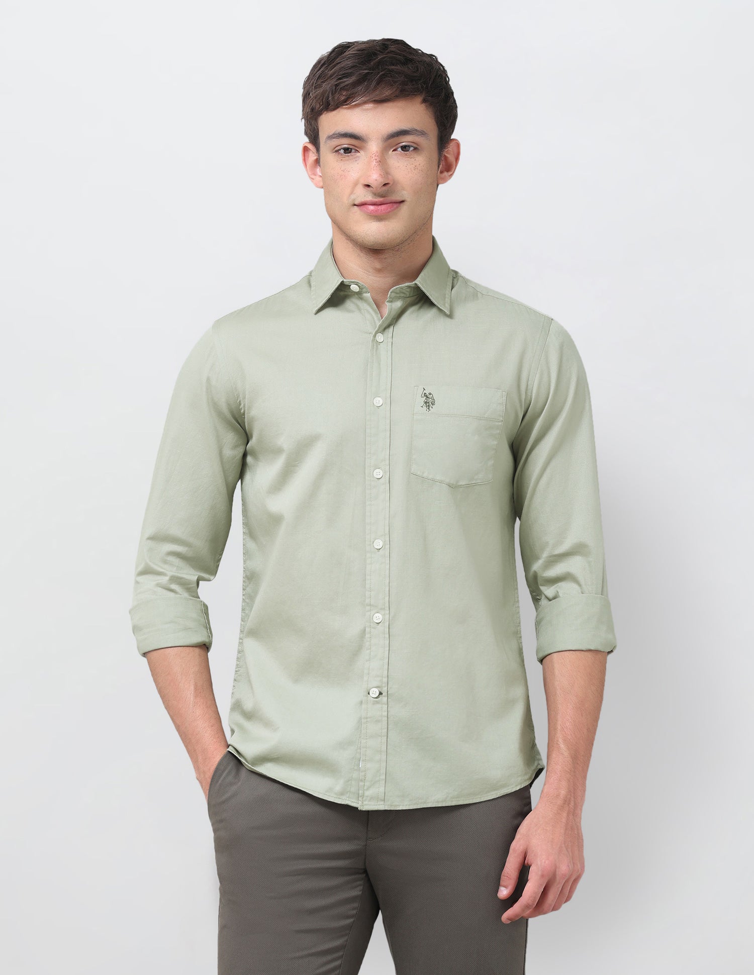 Tailored Fit Twill Shirt Light Green - U.S. Polo Assn. India | Large