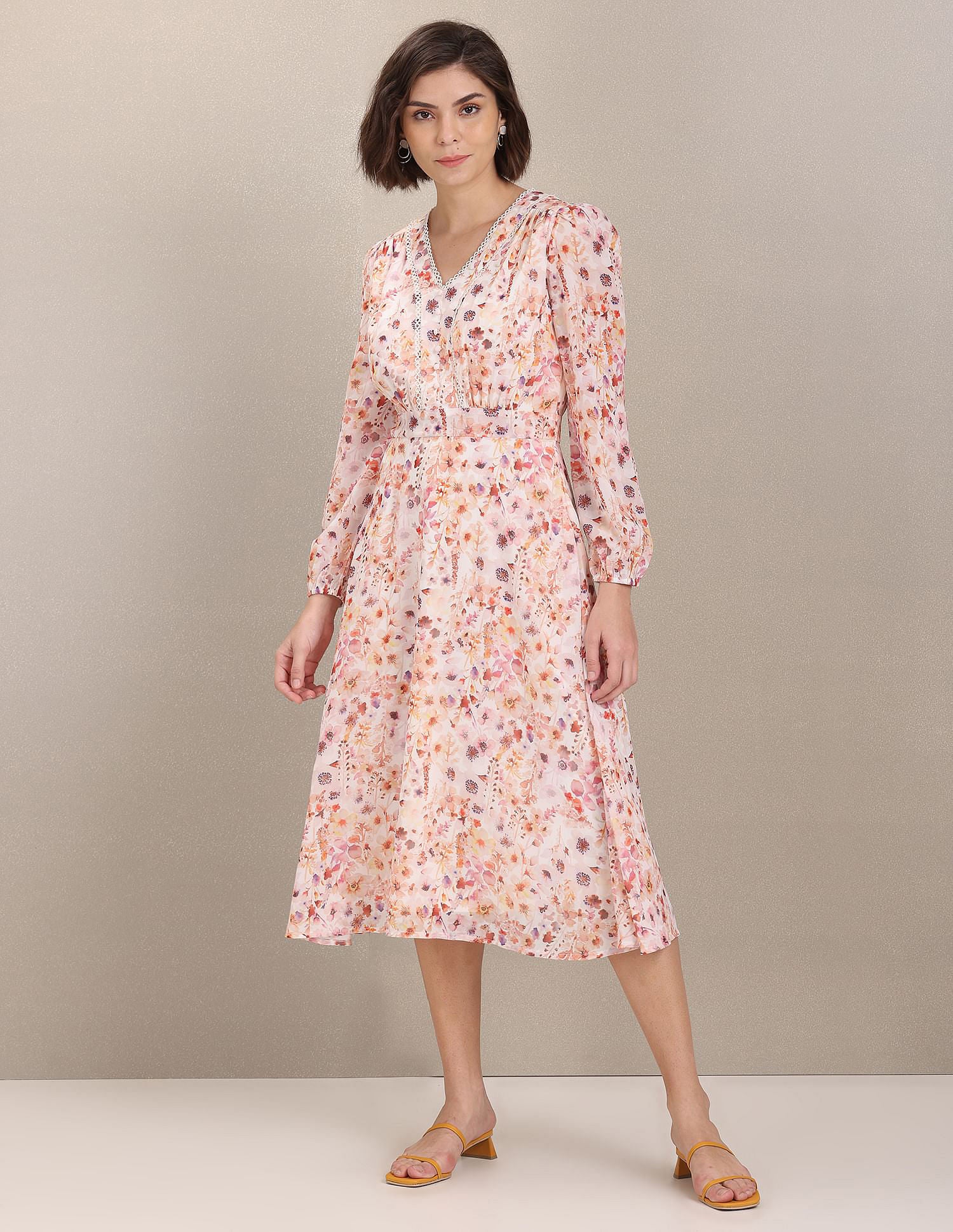 V-Neck Floral Print Fit And Flare Dress White and Pink - U.S. Polo Assn. India | Large