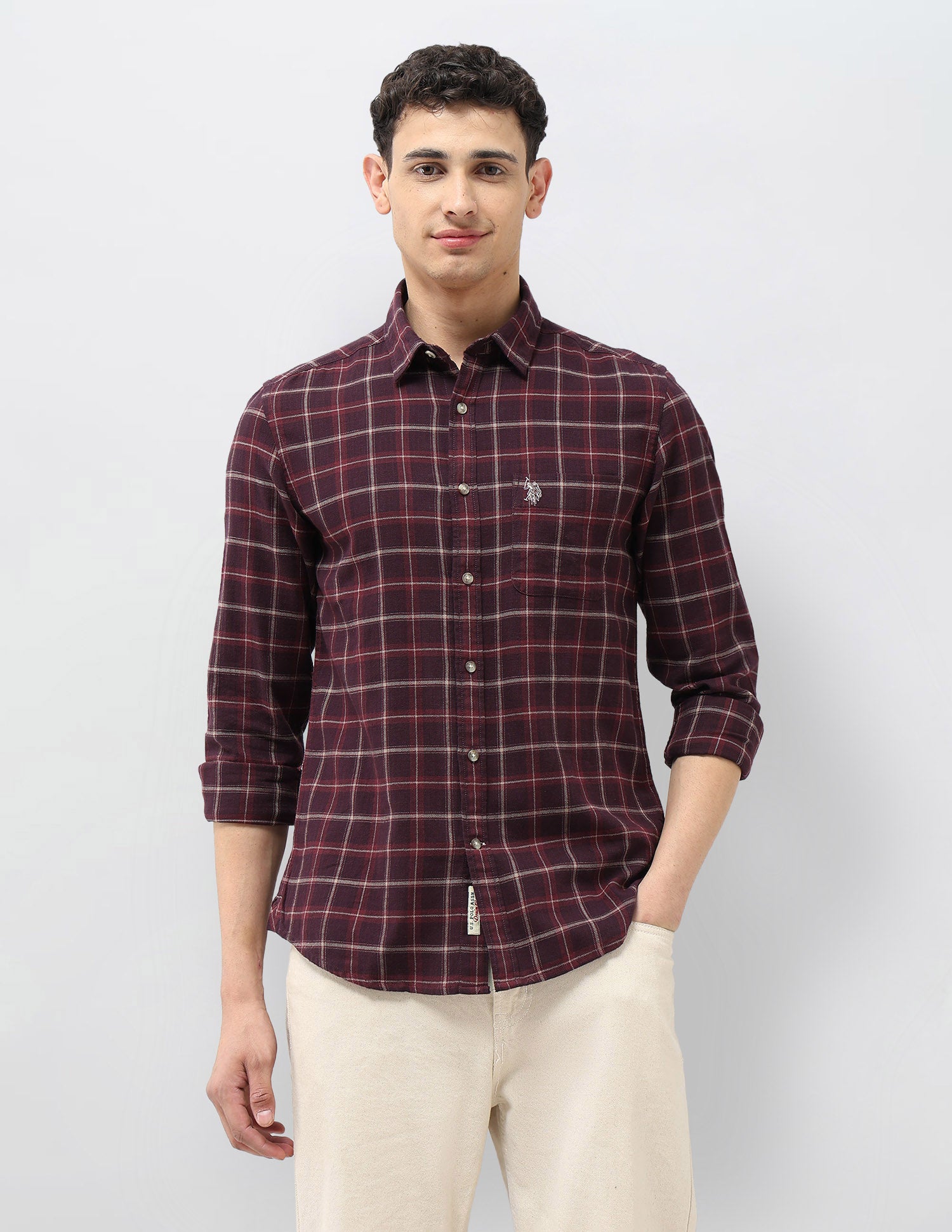Grid Tattersall Checked Herringbone Shirt Wine - U.S. POLO ASSN. | Large