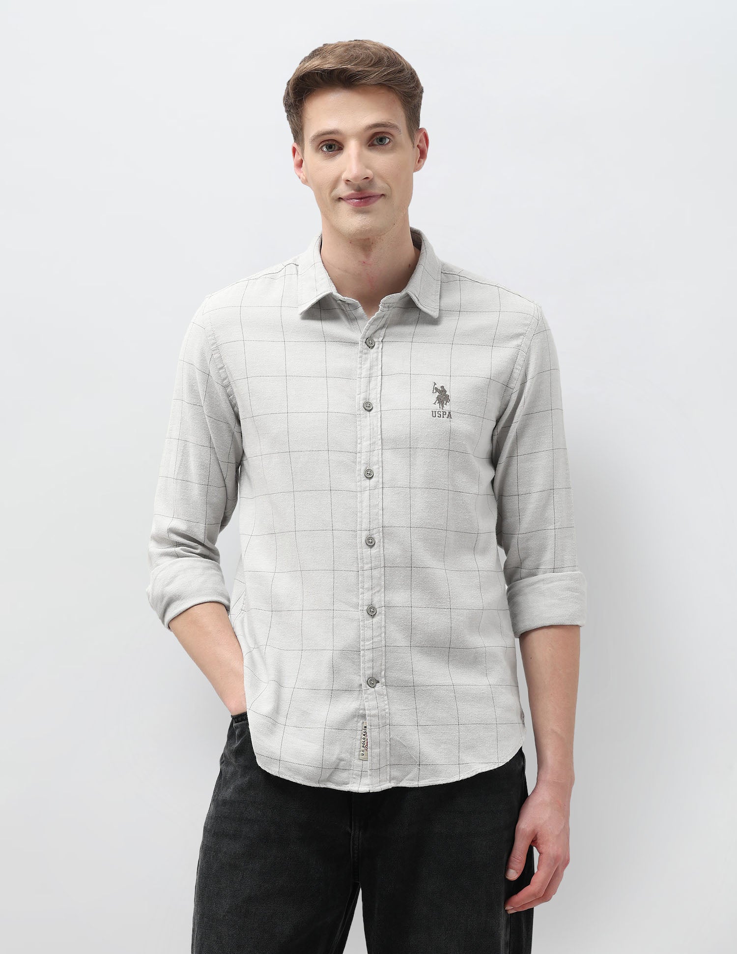 Windowpane Checked Twill Shirt Light Olive - U.S. Polo Assn. India | Large