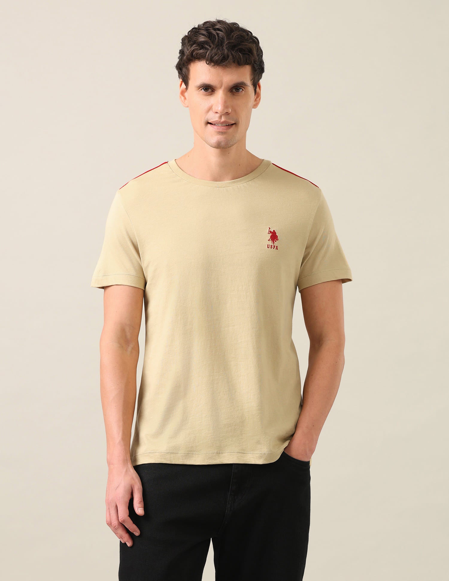 Solid Regular Fit T-Shirt Beige - U.S. Polo Assn. India | Large