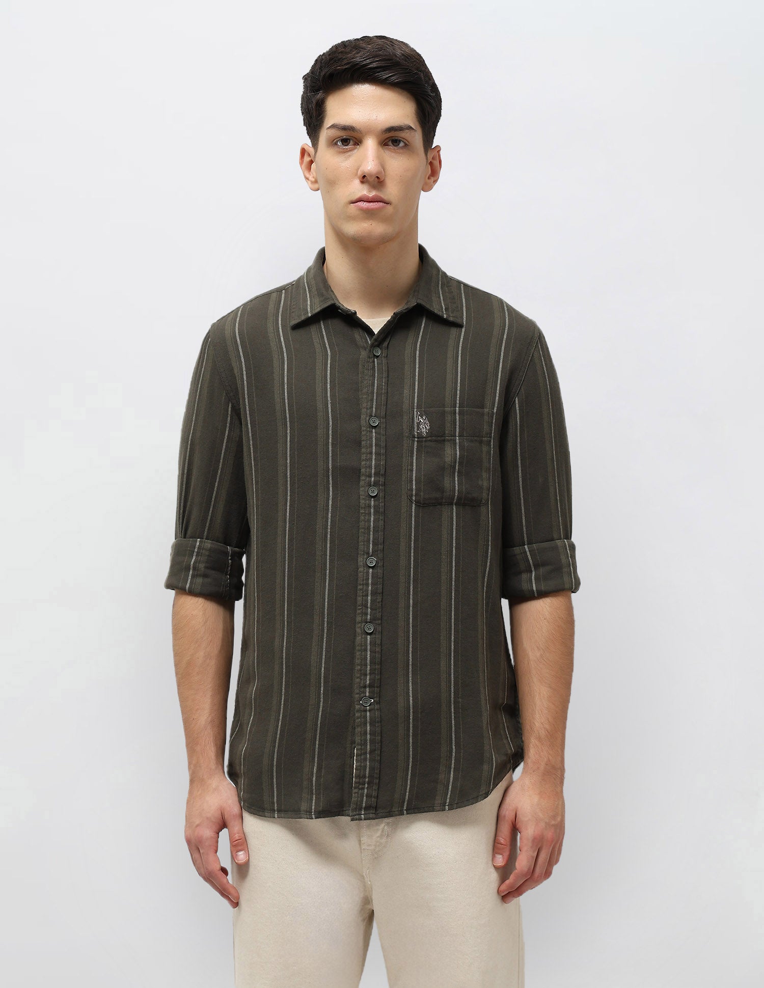 Vertical Striped Self Design Twill Shirt Olive - U.S. POLO ASSN. | Large