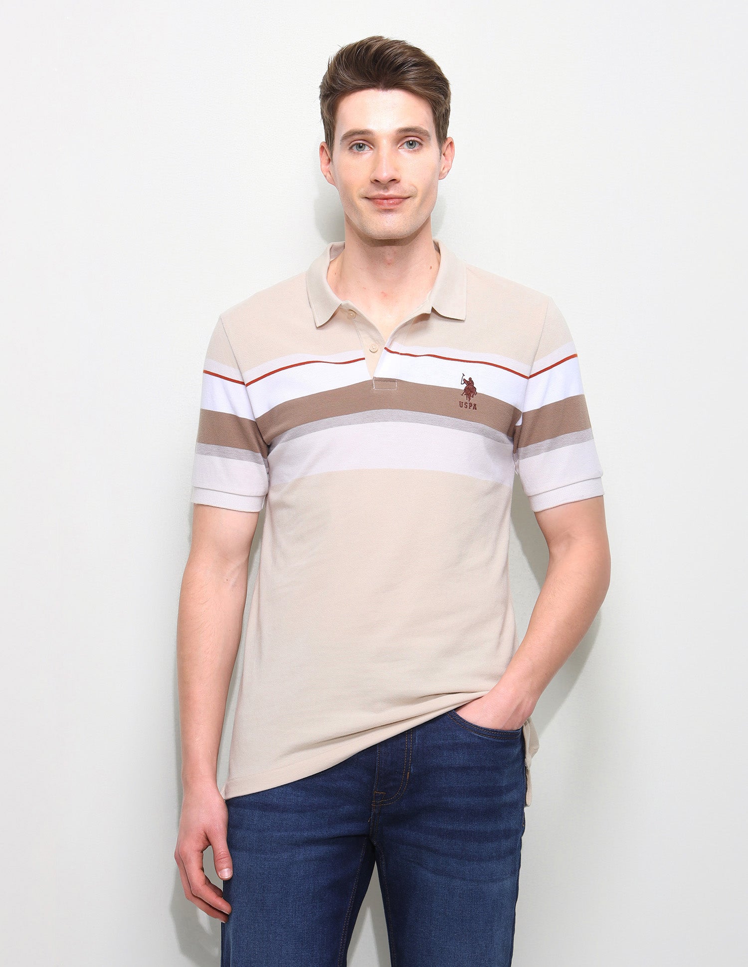 Horizontal Striped Slim Fit Polo Shirt Beige - U.S. Polo Assn. India | Large