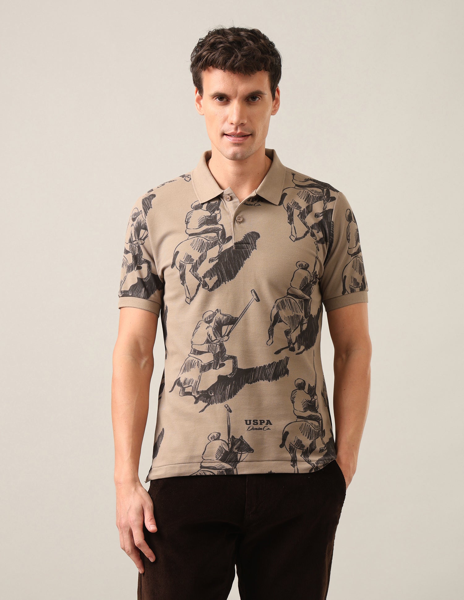 Graphic Brand Printed Slim Fit Polo Shirt Brown - U.S. Polo Assn. India | Large