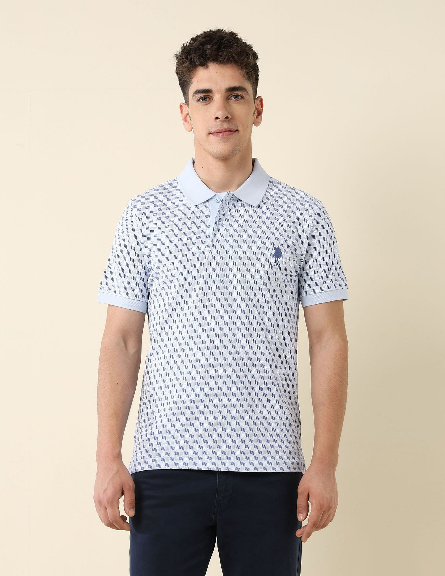 All-Over Printed Slim Fit Polo Shirt Light Blue - U.S. Polo Assn. India | Large