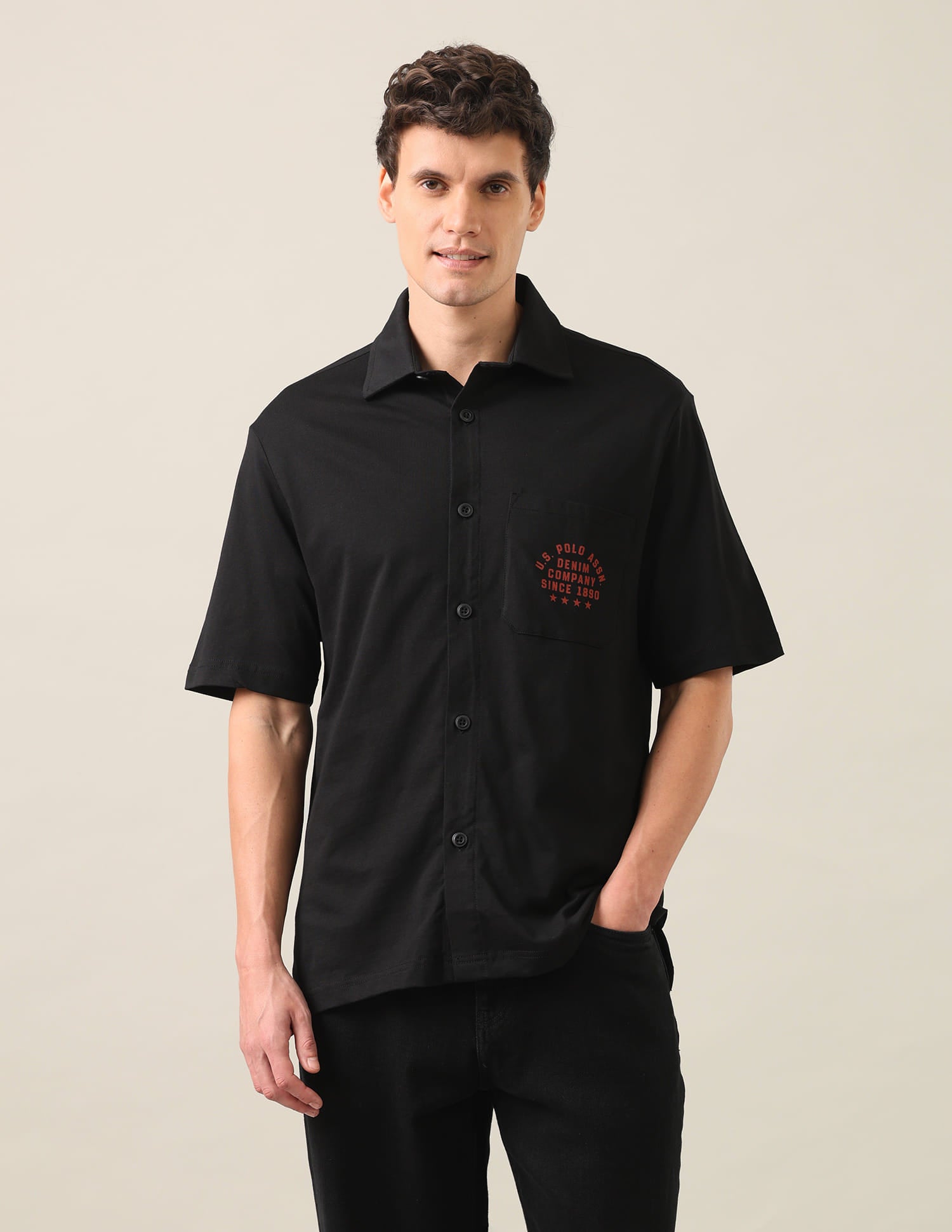 Brand Printed Knitted Shirt Black - U.S. Polo Assn. India | Large